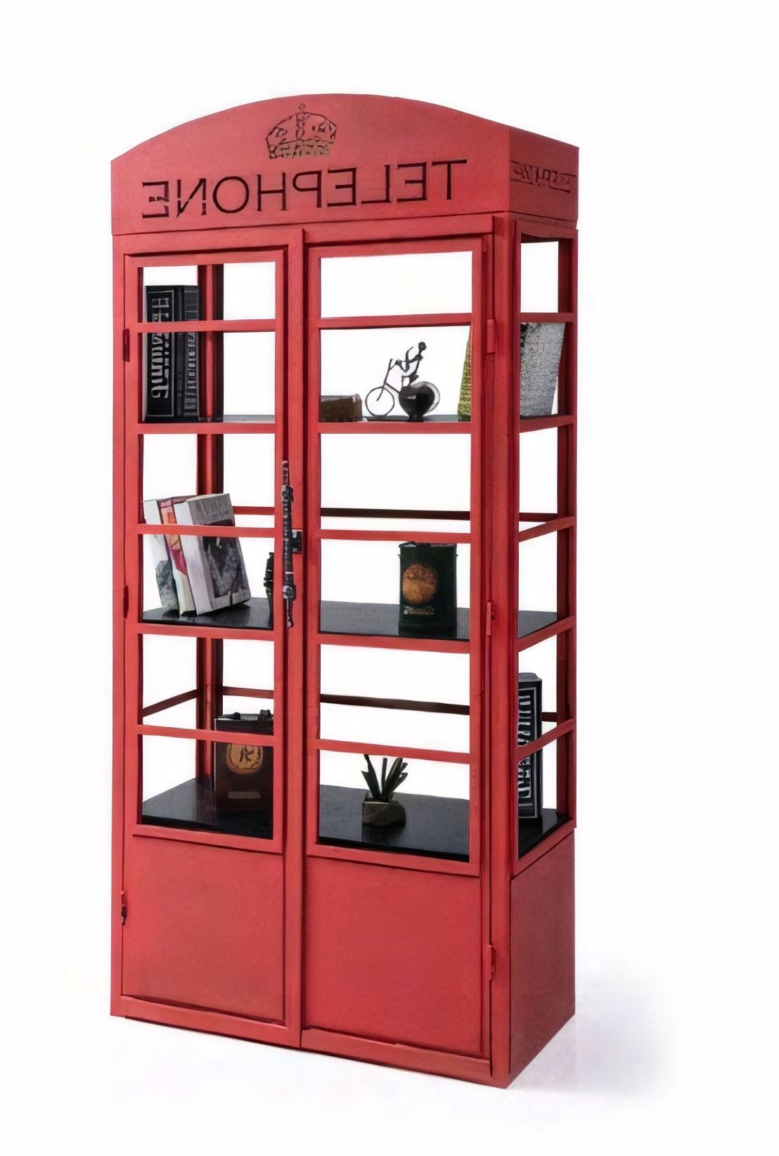 Xlmoebel Bücherregal Regal im Telefonzellen-Stil aus Holz und Metall in Rot, Bücherregal 1-tlg., Made in Europa