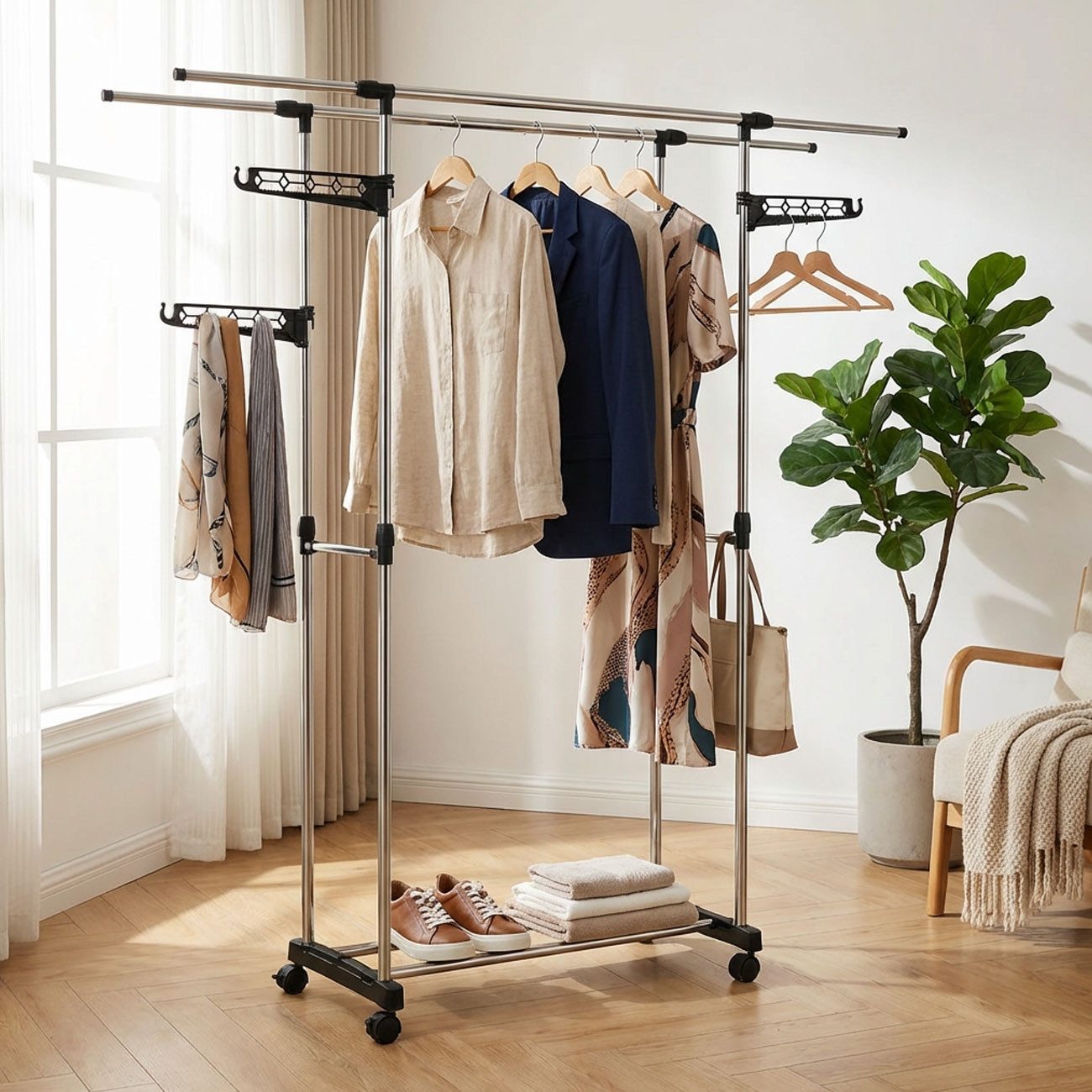 shop'n smile ideoon Kleiderständer Kleiderständer Doppel-Kleiderstange Ausziehbar & Höhenverstellbar, 360°-drehbare Rollen, Schuhablage & Seitlichen Hängeflügeln
