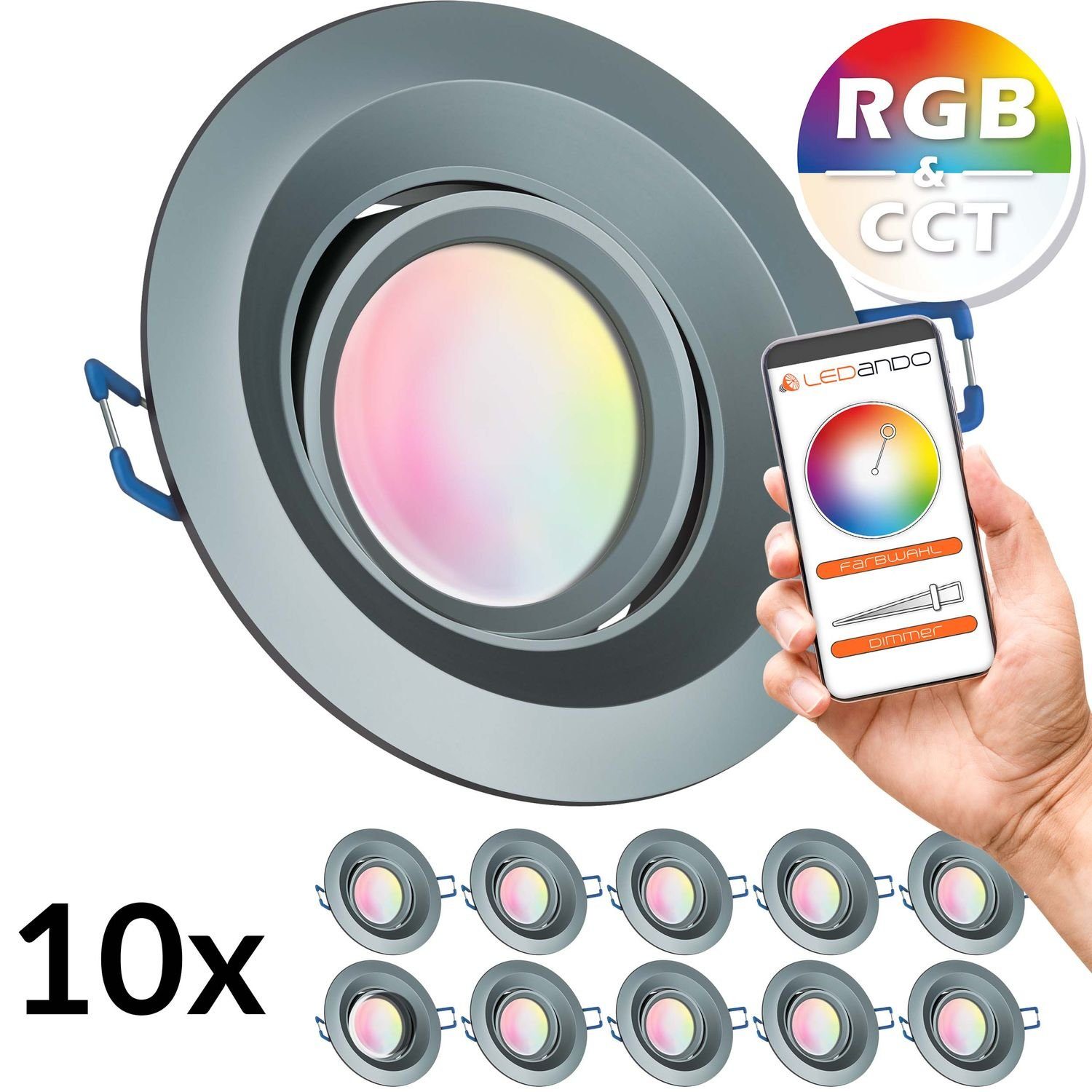 LEDANDO LED Einbaustrahler 10er RGB - CCT LED Einbaustrahler Set extra flach in anthrazit mit 5W | Strahler