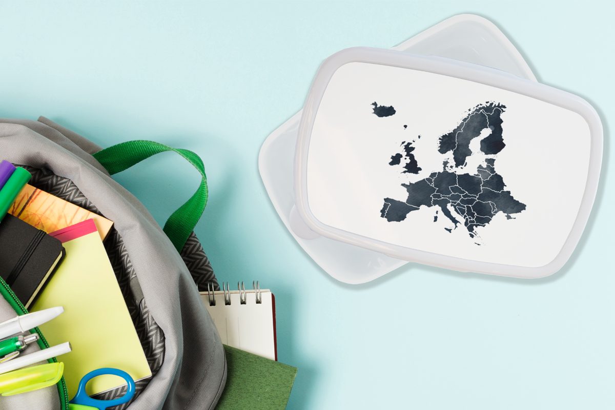 MuchoWow Lunchbox Kunststoff, - (2-tlg), Erwachsene, Blau, Brotbox von - für Europa Karte für Aquarell Kinder Mädchen und Jungs und Brotdose, weiß