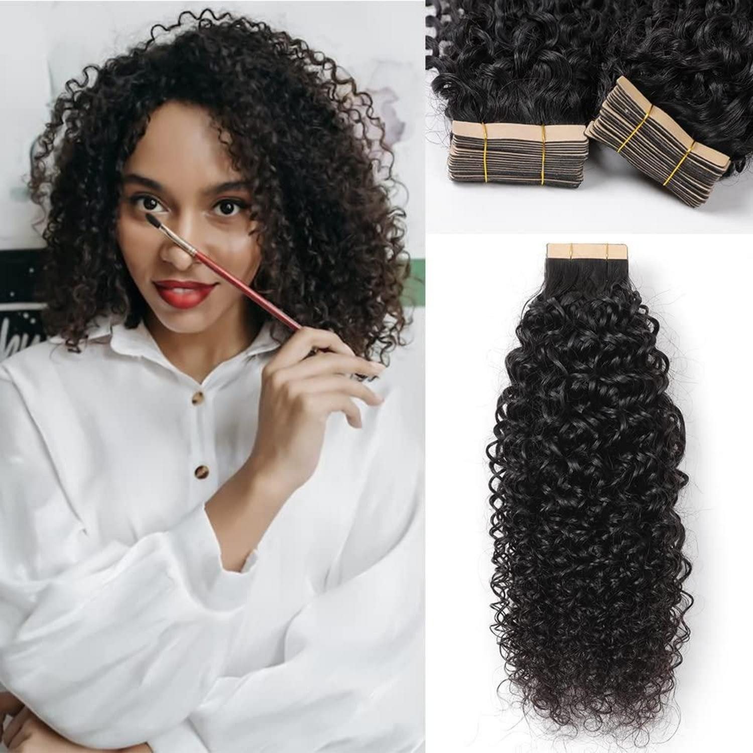 LuxusKollektion Echthaar-Extension Tape Extensions Echthaar Kinky Curly 1B# 12zoll-30.5cm(60er Pack)