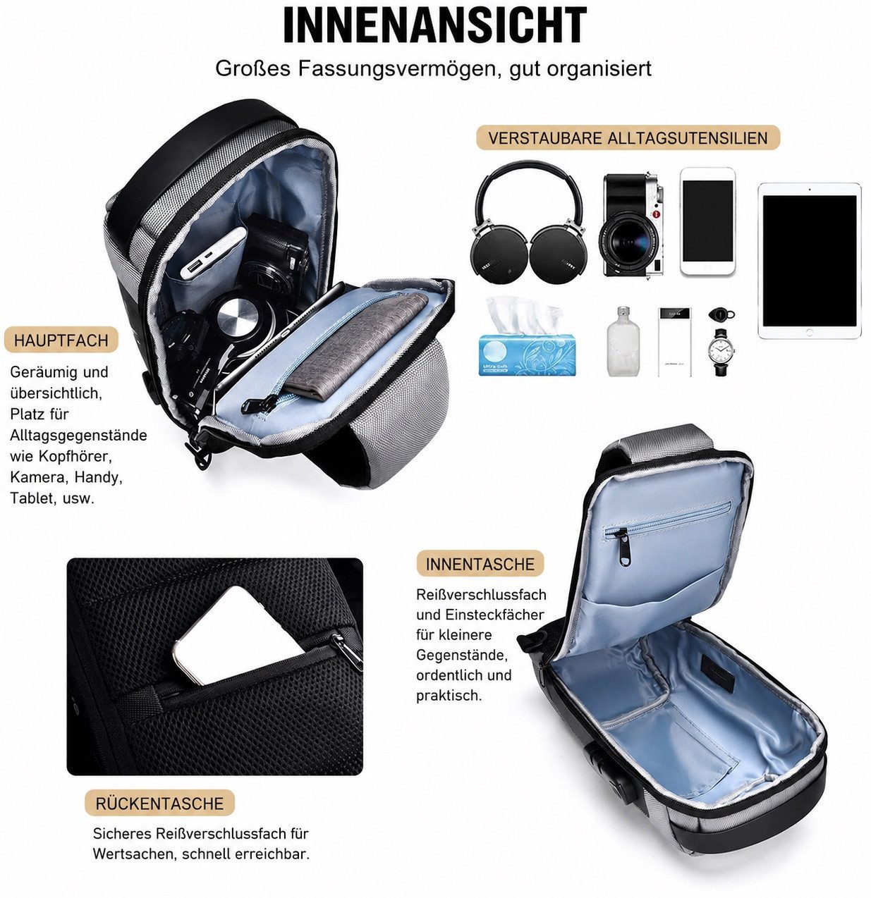MOPUEA Schultertasche Brusttasche Sling Bag Umhängetasche Herren Wasserdichte Brusttasche (für Reisen Wandern Mehrere Taschen Crossbody Pack, 1-tlg), mit USB-La – Bild 3 von 5