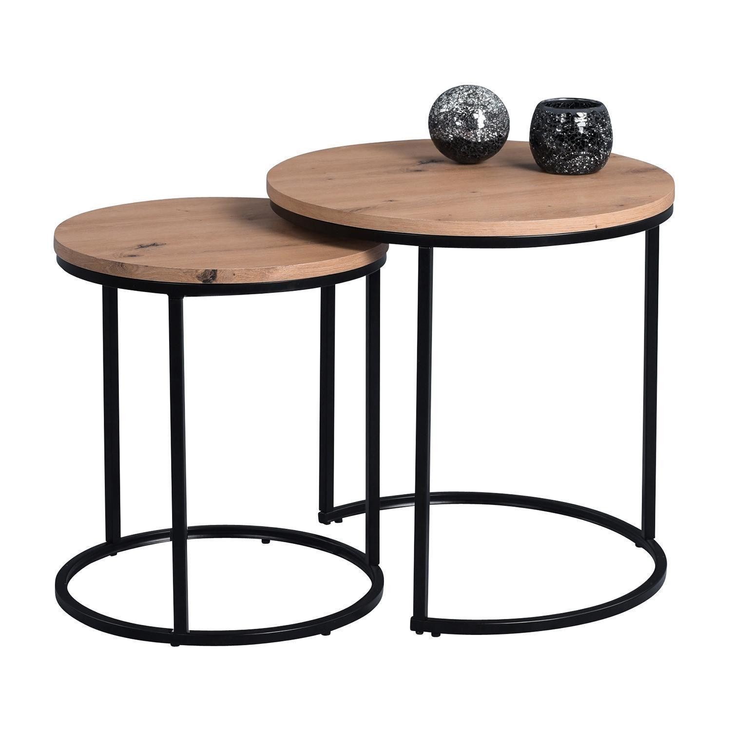 M2 Kollektion Couchtisch Set 2-teilig DENVER, Artisan Eiche Dekor, Schwarz, Metallgestell, Ø 50 x H 52 cm & Ø 40 x H 47 cm
