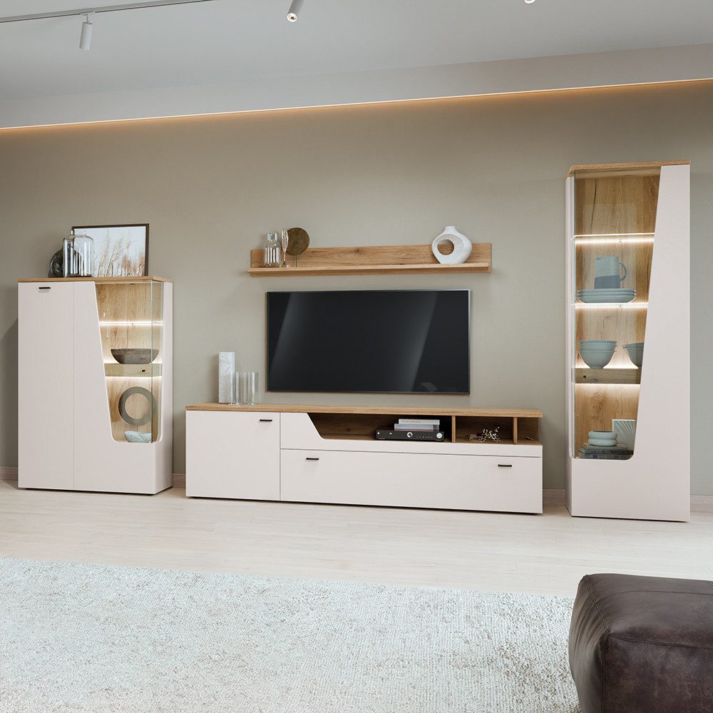 Lomadox Wohnwand CARMONA-129, (4-St., Highboard Lowboard Vitrine Wandregal), in Kaschmir und Eiche, inkl. LED-Beleuchtung
