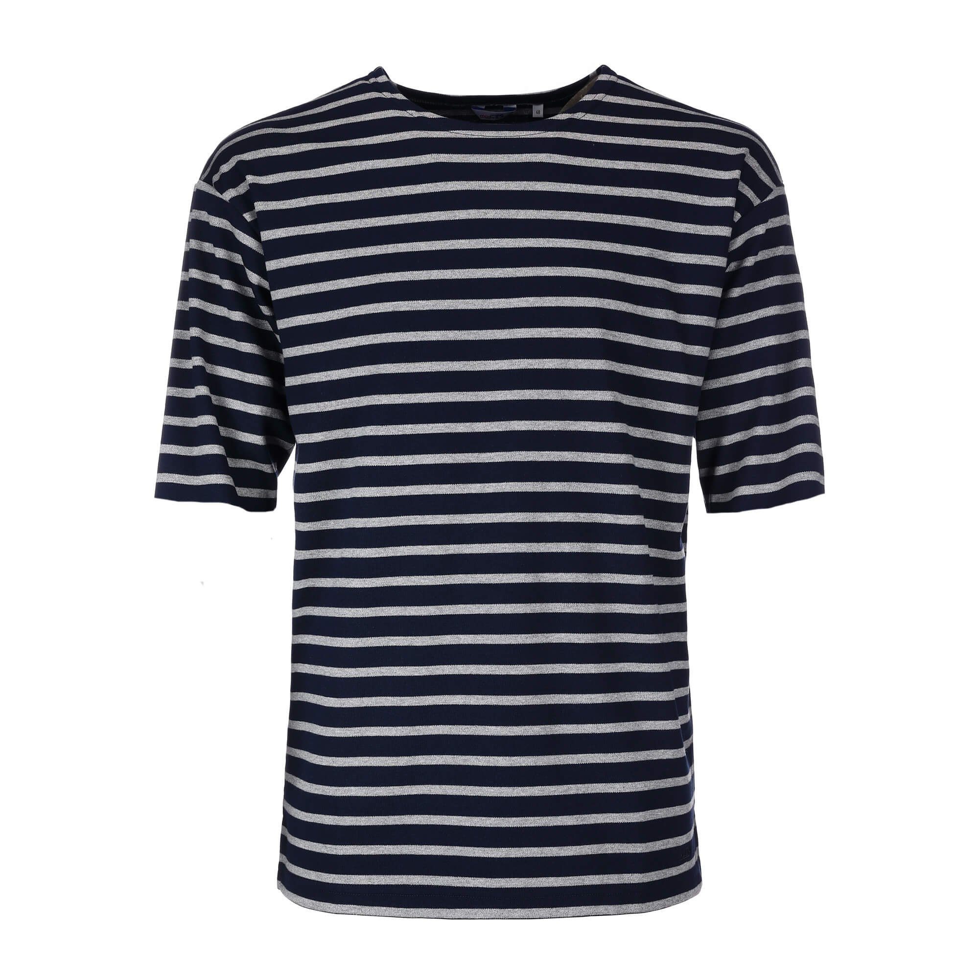 modAS Rundhalsshirt Herren T-Shirt Streifen - Bretonisches Streifenshirt Maritim Baumwolle (56) blau / grau-melange