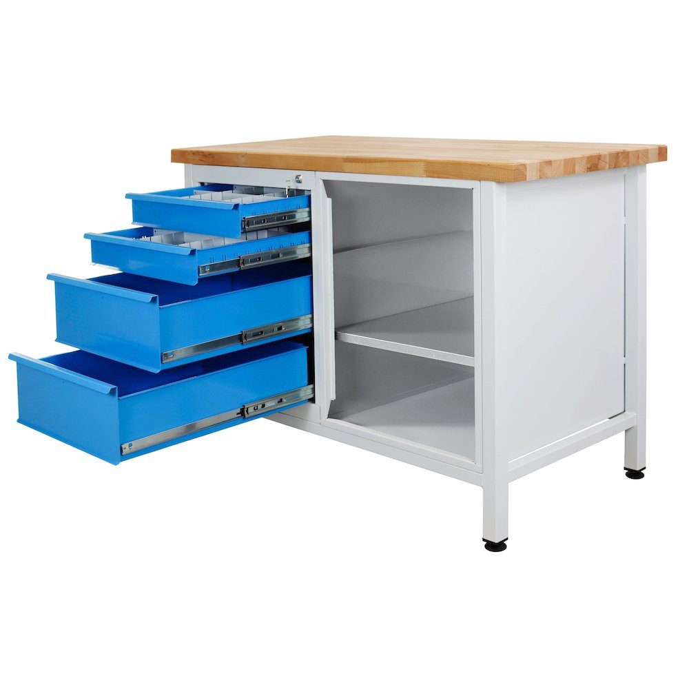 PROREGAL® Werkbank Werkbank Schubladen Regalteil, 4 + Lichtblau mit Grau/Blau Rhino