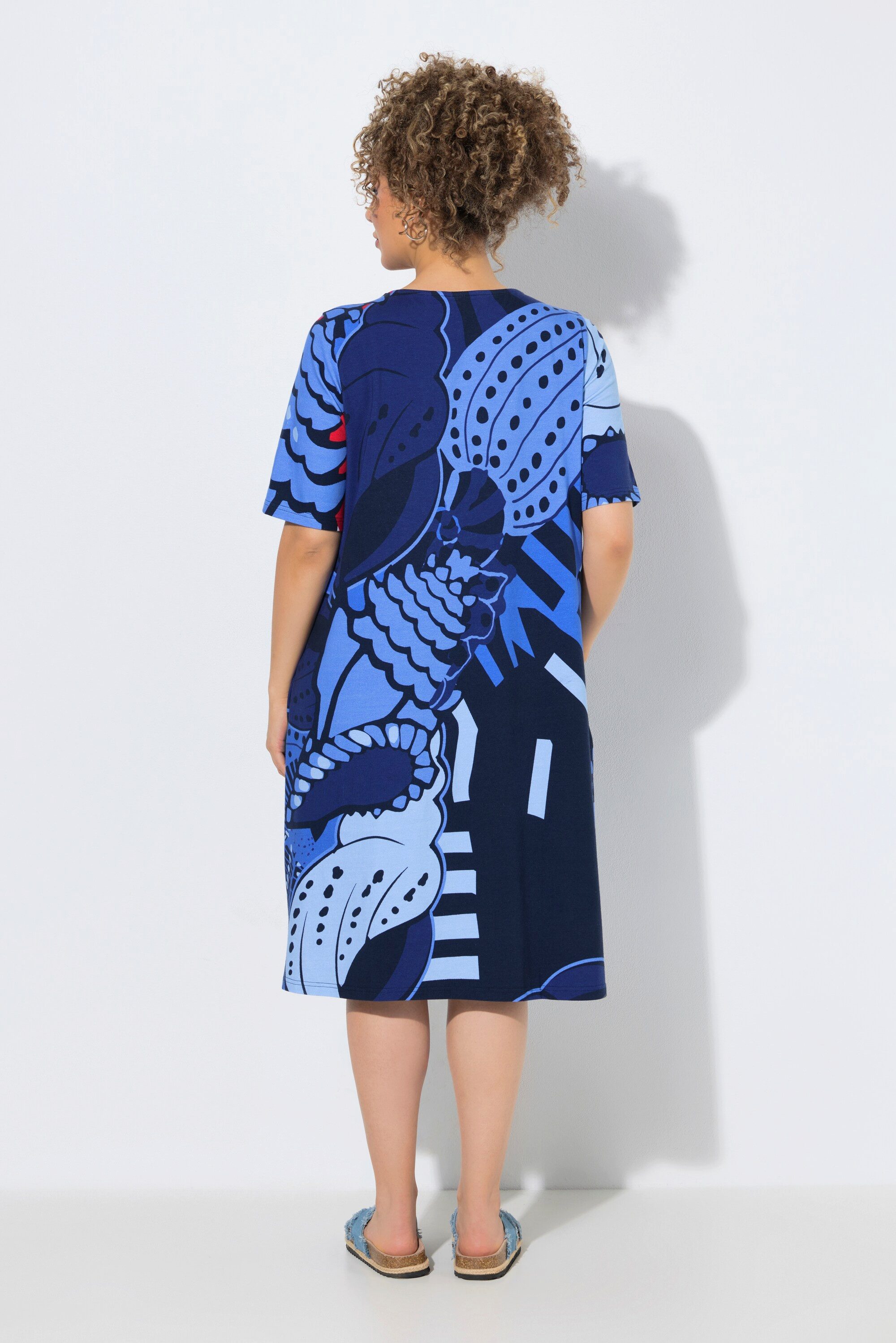Ulla Popken Jerseykleid Midikleid A-Linie V-Ausschnitt Halbarm Taschen