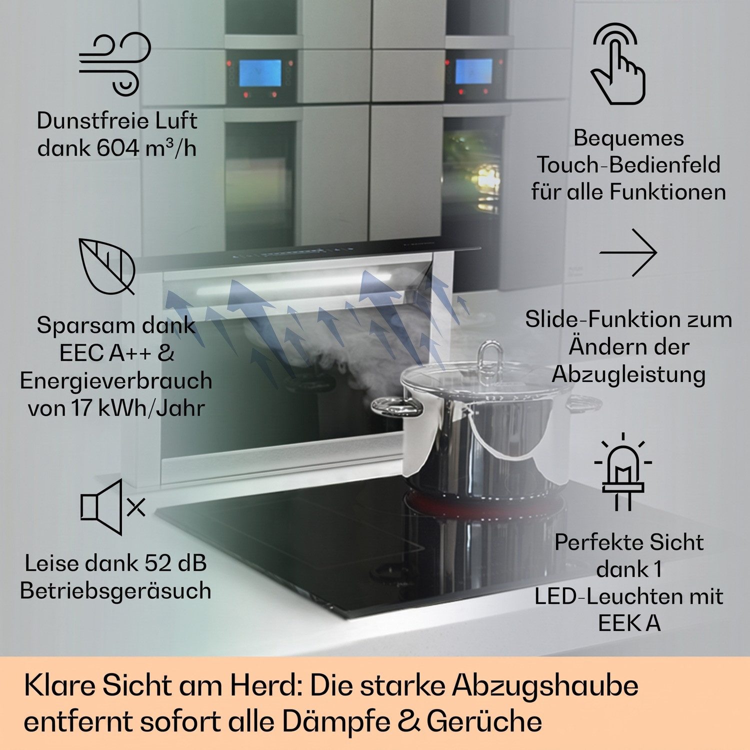Klarstein Deckenhaube Royal Flush Eco 60 BK Royal Flush Eco 60 BK, Dunstabzugshaube Downdraft Abluft Umluft LED