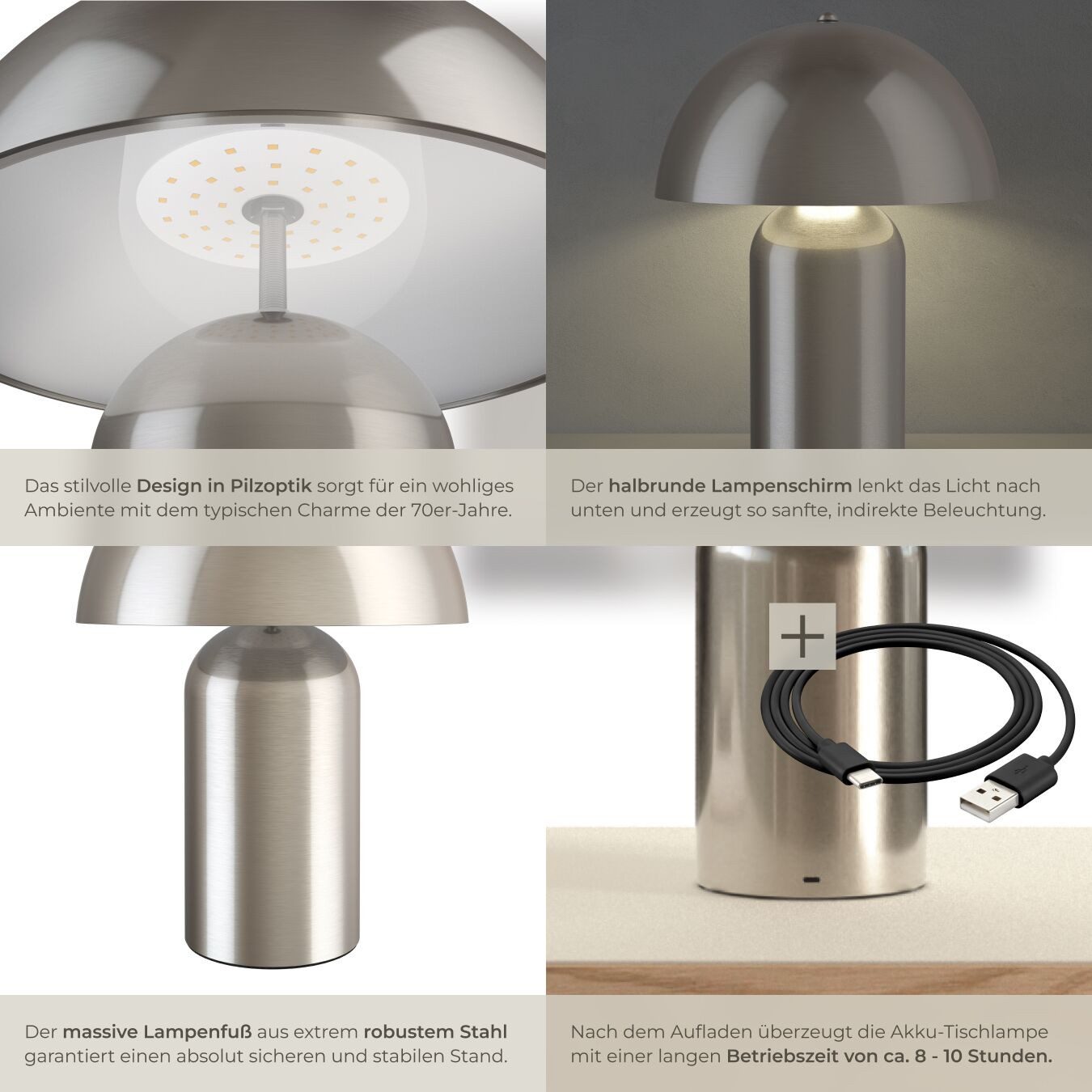 tectake Schreibtischlampe Akku-Tischlampe aus beschichtetem Stahl, indirektes Licht, 25 x 34, Dimmbar, nicht relevant, 3 Helligkeitsstufen Touchschalter, inkl.  – Bild 4 von 5