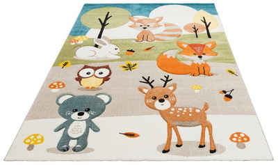 Kinderteppich Wald, Lüttenhütt, rechteckig, Höhe: 13 mm, Kurzflor, Motiv Tiere, in Pastell-Farben, 3D-Design, Waldtiere