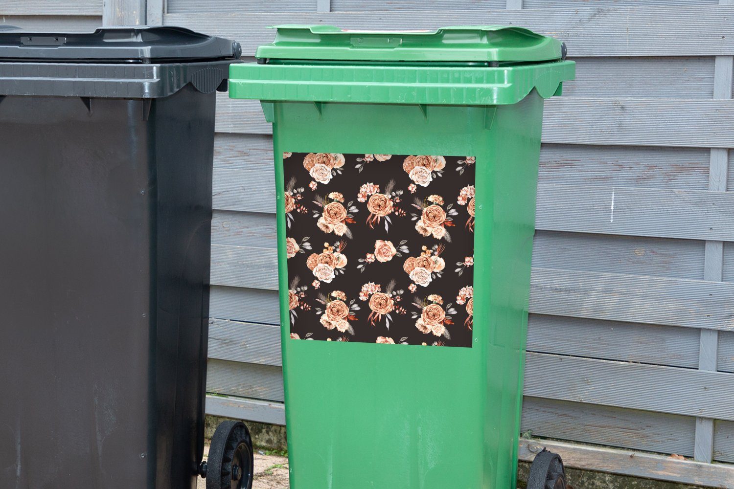 Sticker, St), (1 - Container, Abfalbehälter Mülleimer-aufkleber, MuchoWow Wandsticker Schwarz Blumen Mülltonne, - Rosen