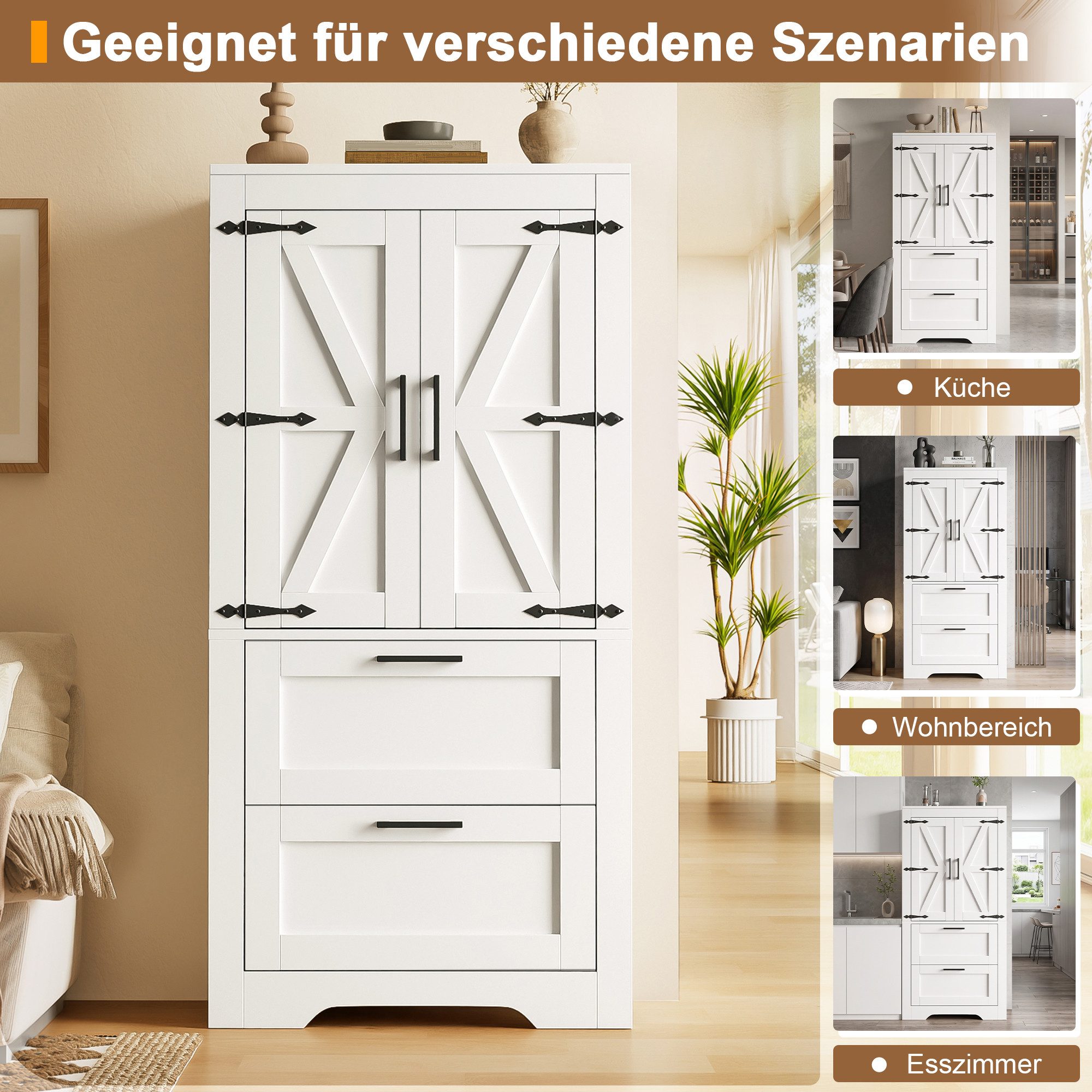 Celya Küchenbuffet Küchenschrank im Landhausstil mit 2 Schubladen (mit verstellbaren Einlegeböden für Küche, Esszimmer und Wohnzimmer) Seitenschrank im Scheunen – Bild 5 von 5