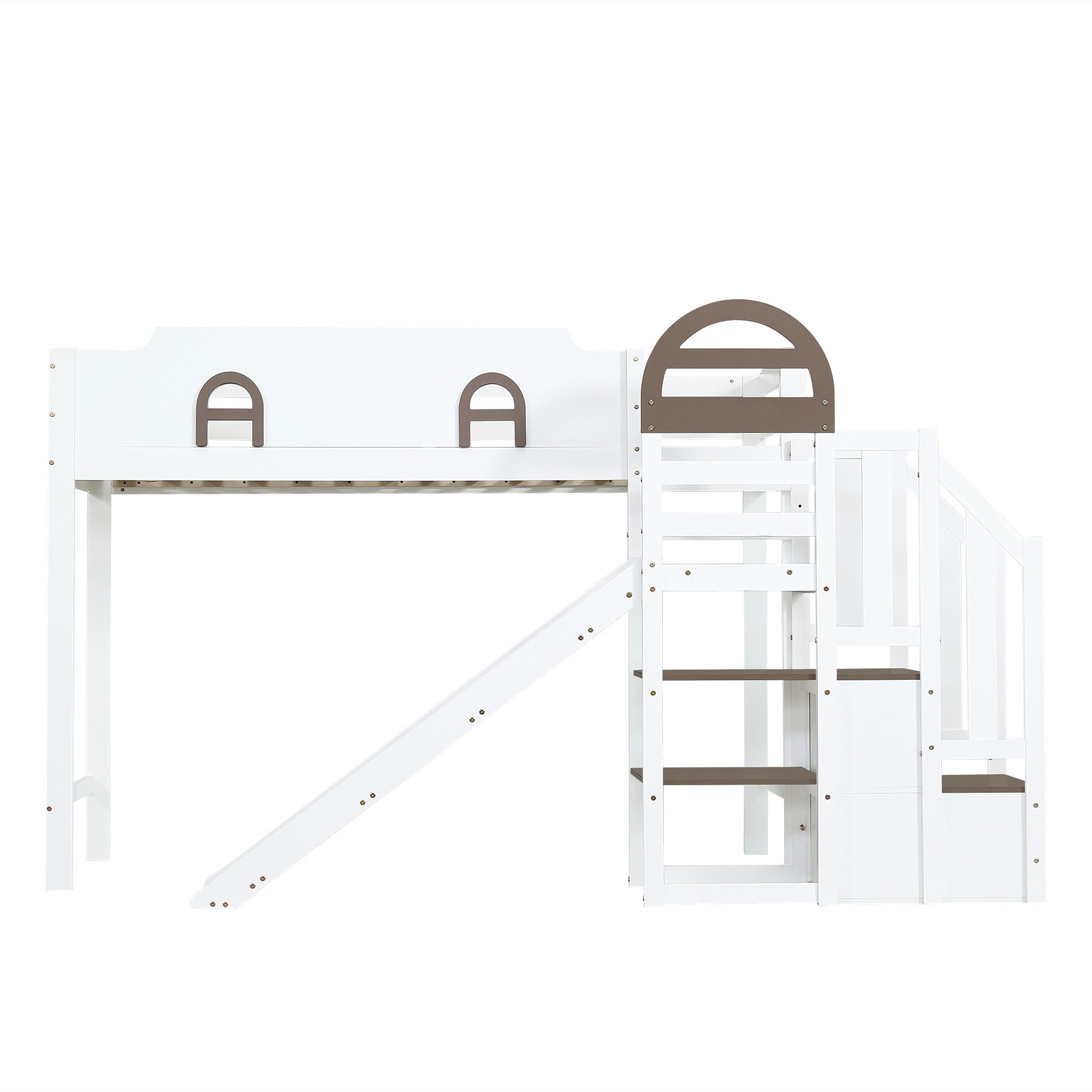 BlingBin Hochbett Einzelbett Kinderbett Jugendbett Massivholzbett Mit Kinderrutsche (1er Set, 1-St., 90x200cm, Ohne Matratze, Tragfähigkeit: Bett-120KG, Rutsche-50KG) Treppen mit Handlauf, Mit 2 Schließfächer in der Treppe, Kiefer+MDF