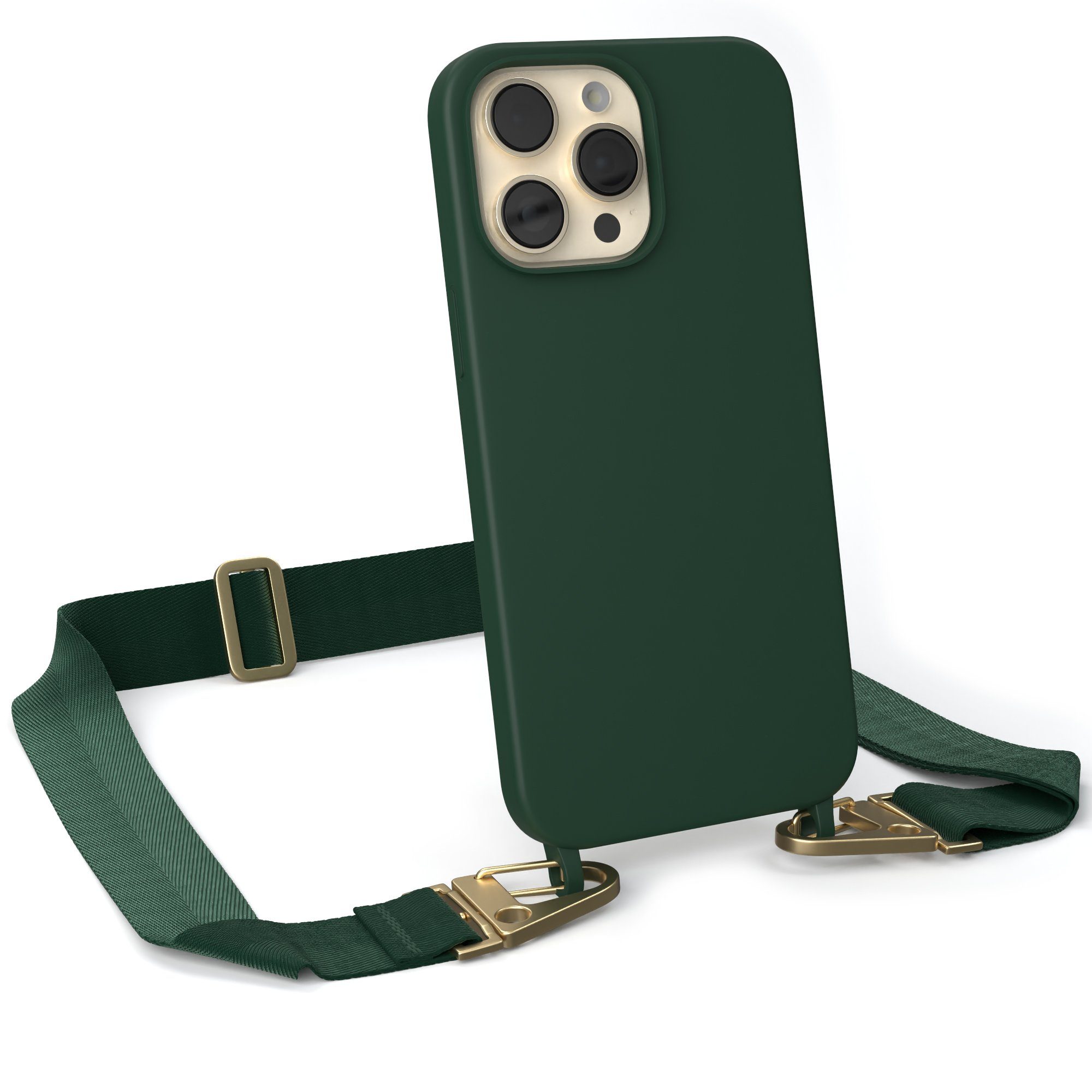 EAZY CASE Handykette Karabiner Breitband für Apple iPhone 14 Pro Max 6,7 Zoll, Handytasche durchsichtige Silikon Hülle mit breitem Umhängeband Grün