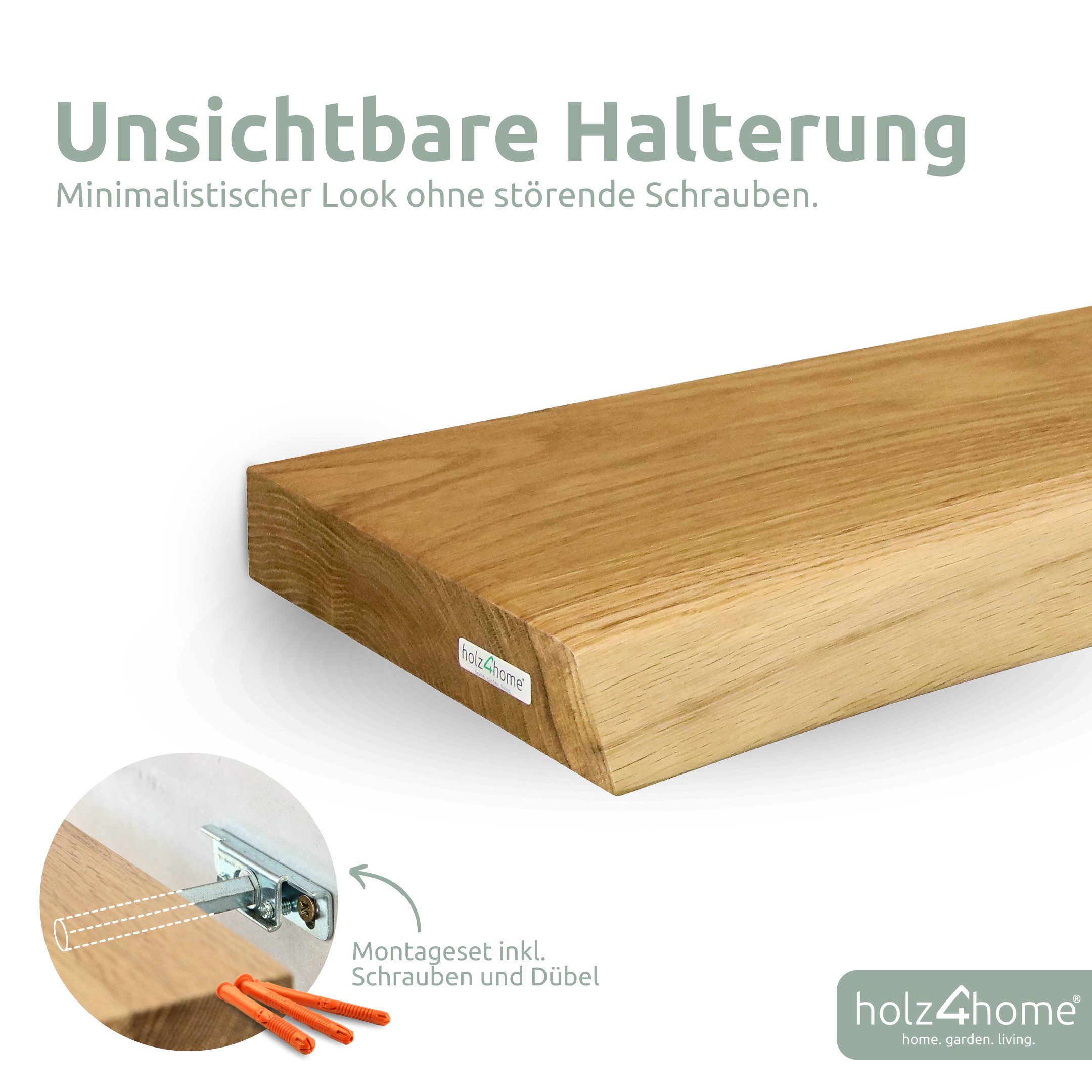 holz4home® Wandregal aus Massivholz Eiche Natur I Schwebendes Regal I Unsichtbare Halterung, Naturgeölt – Bild 5 von 5