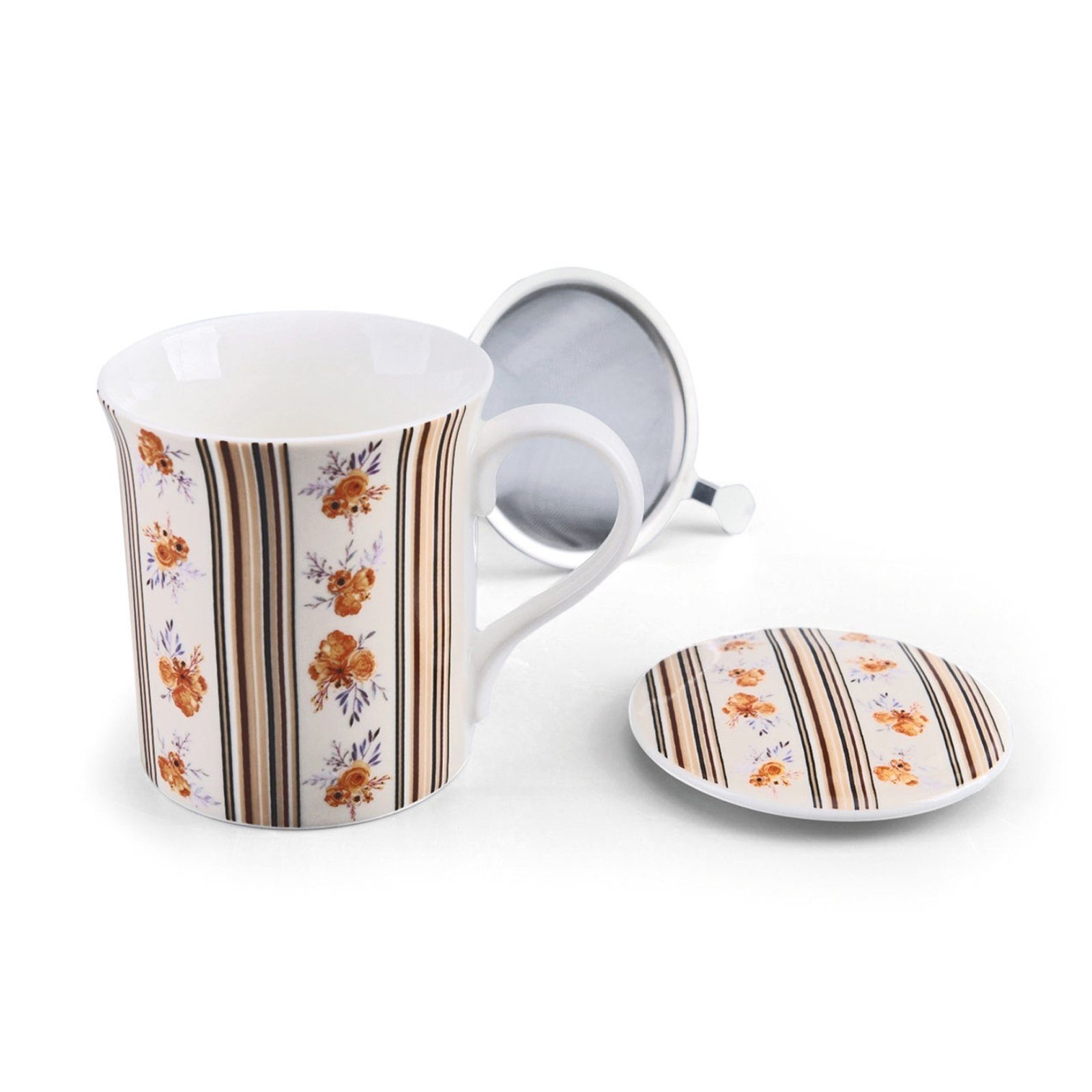 Jameson + Tailor Tasse Kräuterteetasse mit Deckel und Sieb Flower Stripes, Porzellan, Teetasse Porzellan | Tassen