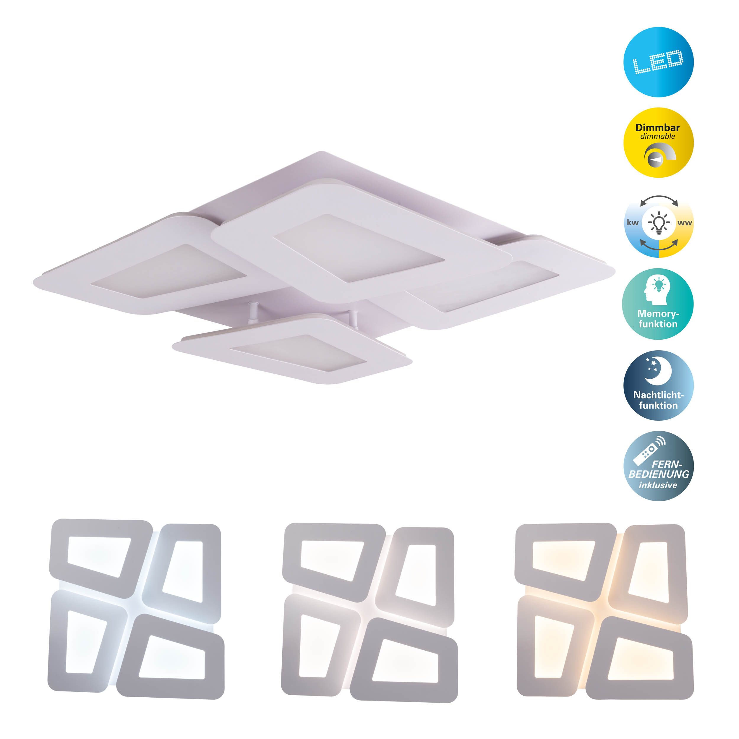 näve LED Deckenleuchte Simen, CCT - über Fernbedienung, Dimmer, Dimmfunktion, Memoryfunktion, Nachtlichtfunktion, mehrere Helligkeitsstufen, LED wechselbar, warmweiß - kaltweiß, dimmbar, CCT, Memory, Nachtlicht, Fernbedienung, L/B: 48cm, weiß