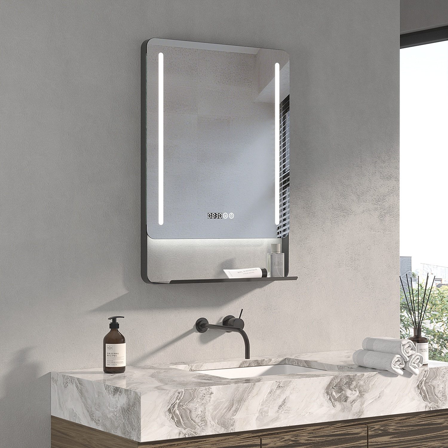 AQUALAVOS Badspiegel Wandspiegel Bad Spiegel mit Ablage 50x70cm LED Uhr Lig günstig online kaufen