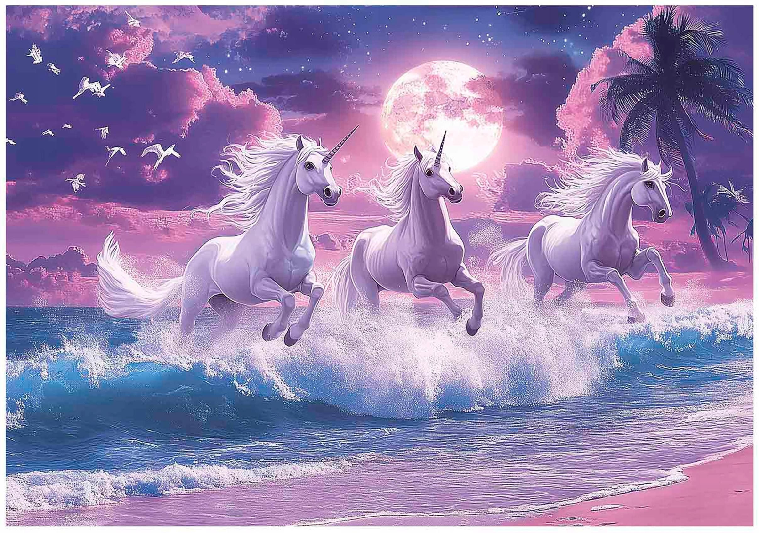 Wallarena Fototapete Einhörner am Meer unter dem Mond in Lila, glatt, floral, bedruckt, (5 St), Tapetenkleister und Montageanleitung inklusive 250x175cm