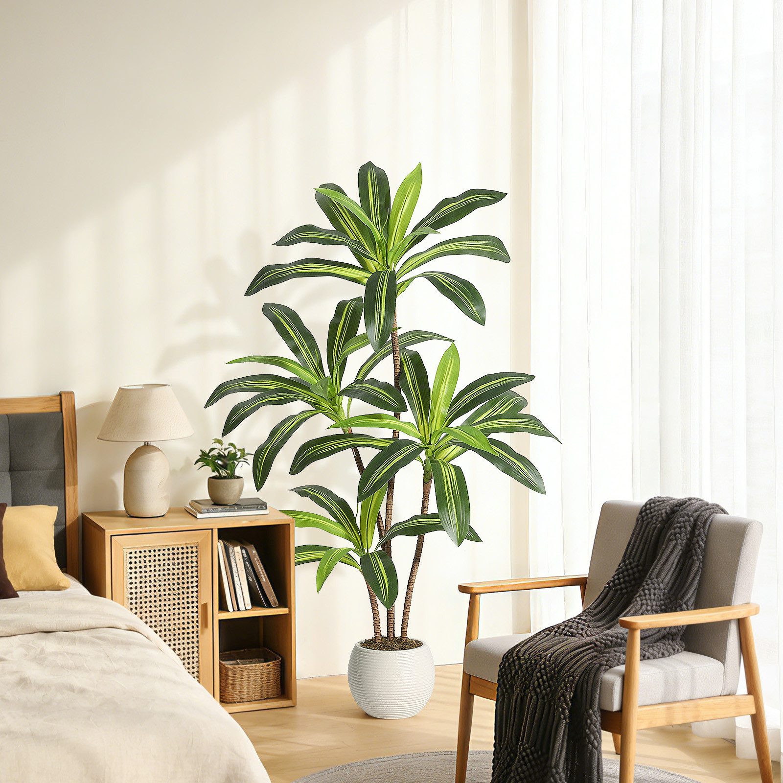 Kunstbaum Künstlicher Dracaena Baum Mit Weißem Hohem Pflanztopf Faux Yucca Pflan, GarveeMore, Höhe 150 cm – Bild 3 von 5