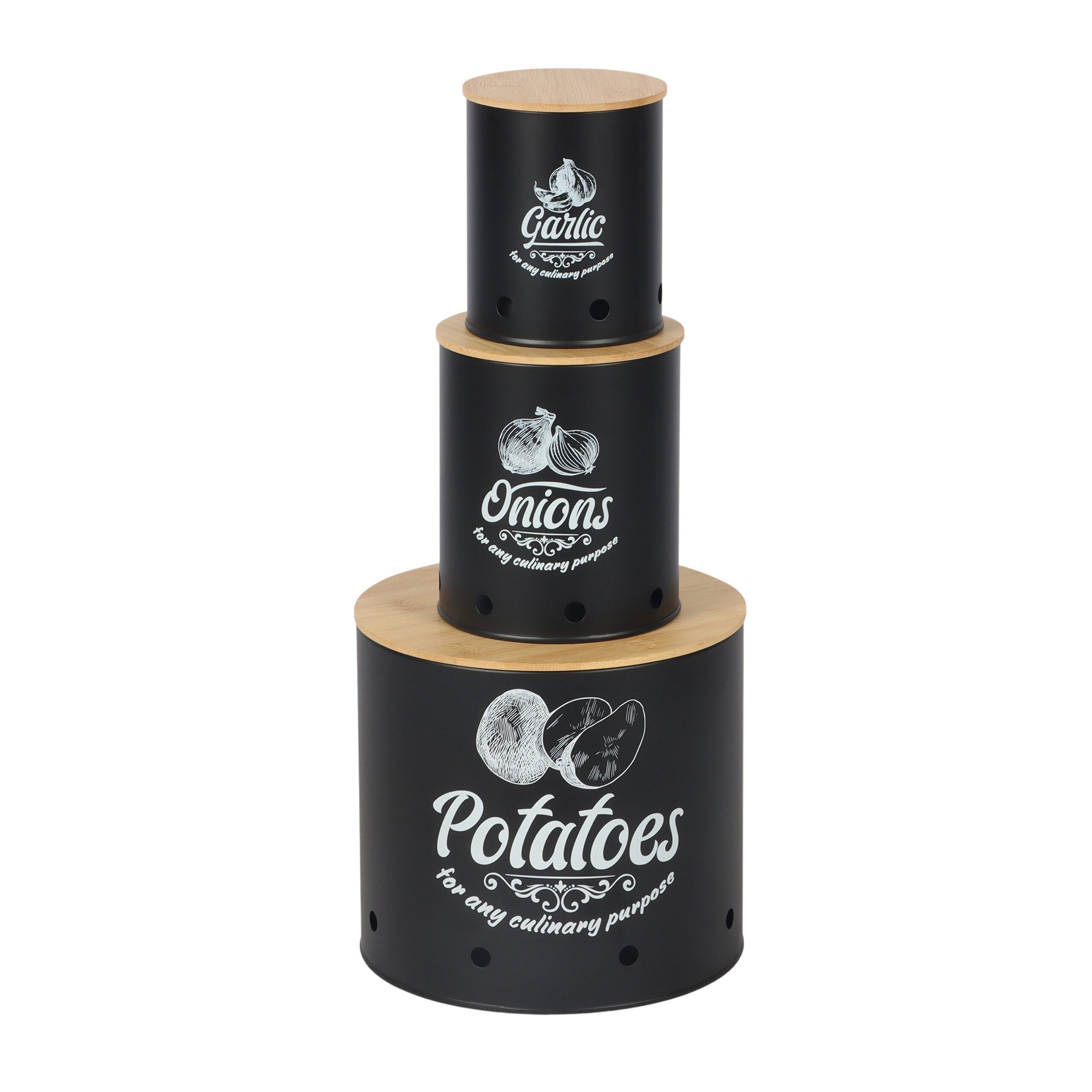 relaxdays Vorratsdose Aufbewahrungsbox 3er Set Bambusdeckel, Stahl, (3-tlg), schwarz