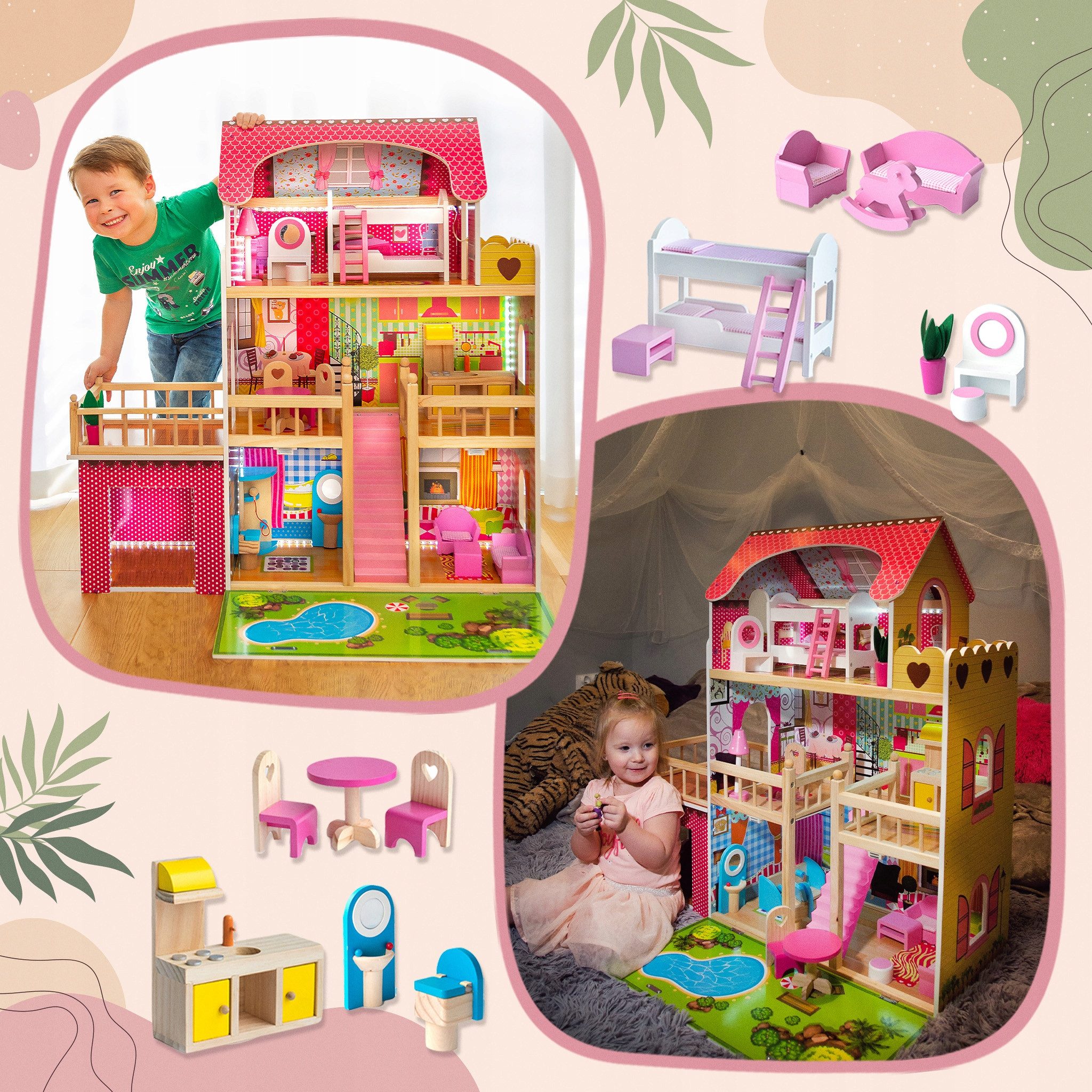 Kinderplay Dolls & Strollers Dollhouse Wooden Villa – 3 Floors with LED Lights – Playhouse with Garage