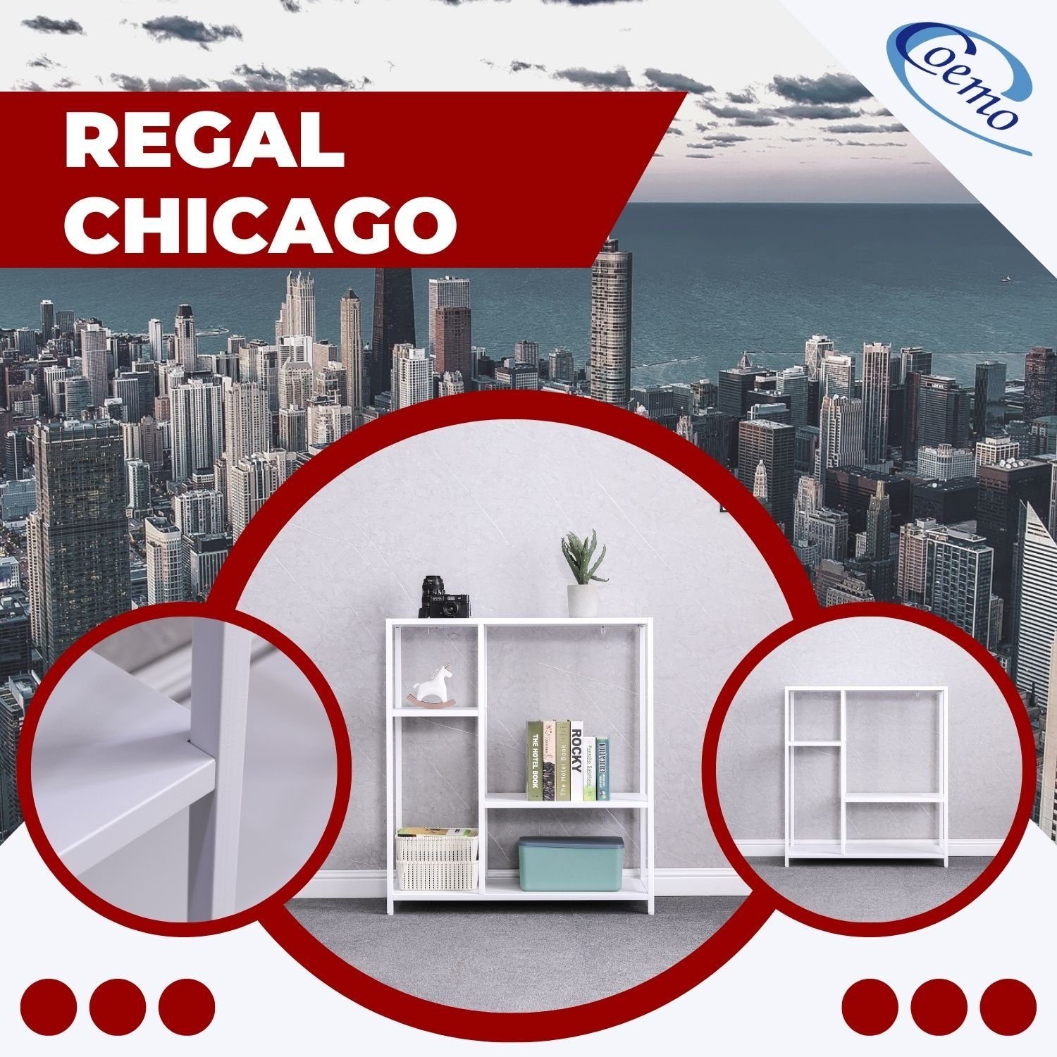 Coemo Regal, Chicago langlebige, Metall Stahl-Ausführung 3 - Weiß mit elegante Fächern aus