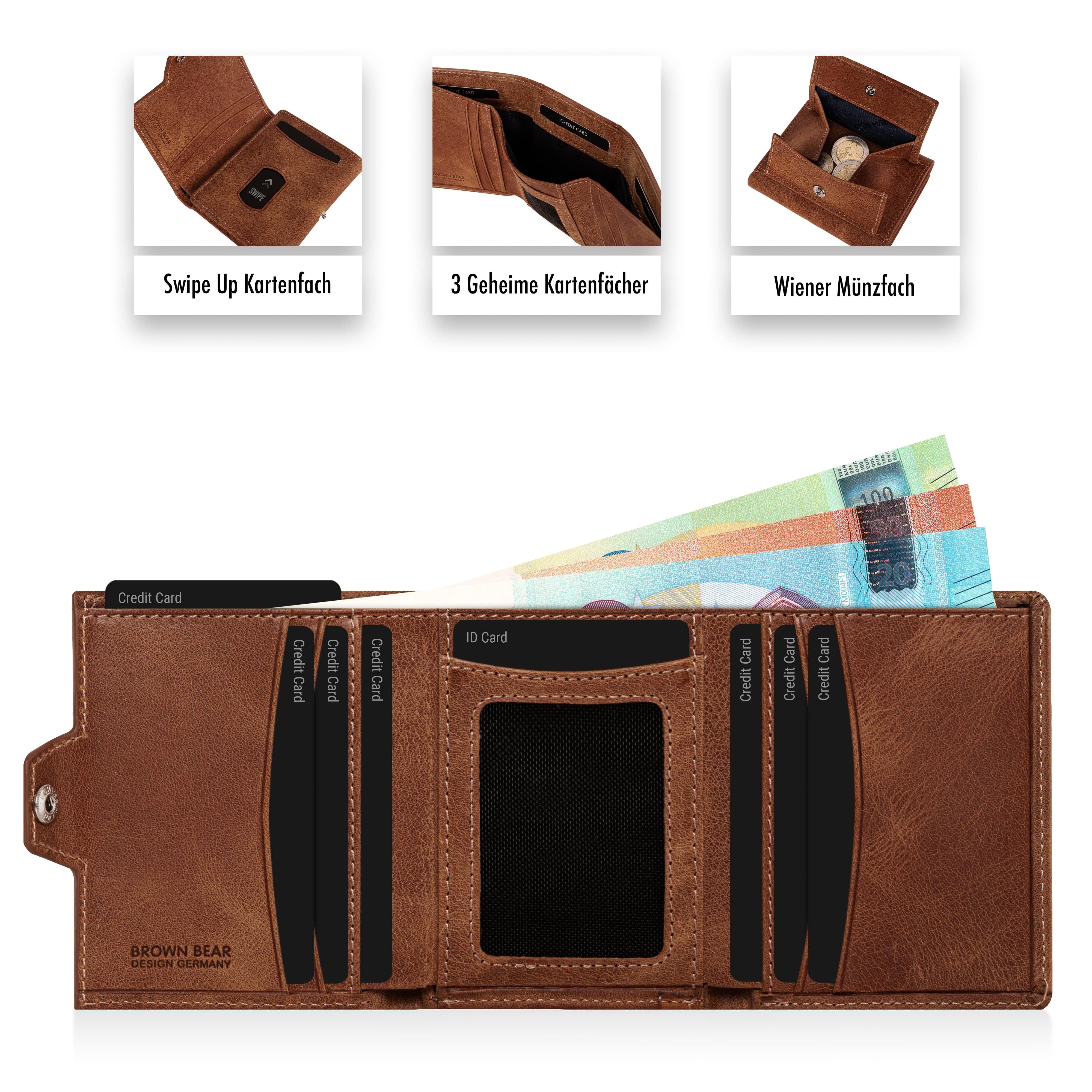 Brown Bear Geldbörse Modell Bruce Slim für 11 Kreditkarten aus Echtleder, mit Münzfach Farbe Braun-Vintage