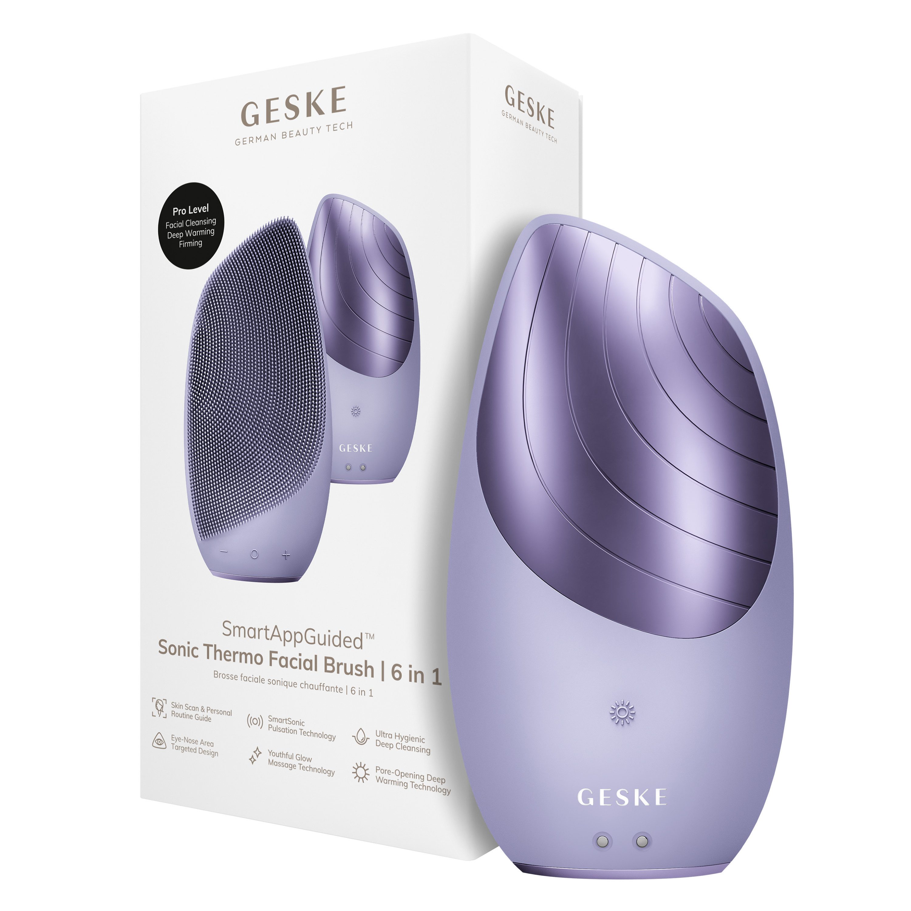 GESKE German Beauty Tech Elektrische Gesichtsreinigungsbürste SmartAppGuided™ Sonic Thermo Facial Brush 6 in 1, Packung (Gerät & USB-Ladekabel), 2-tlg., Gerät inkl. kostenloser APP (SmartAppGuided Device), Anti-Aging Massage-, SmartSonic Pulsation- & Tiefen-Wärme-Technologie