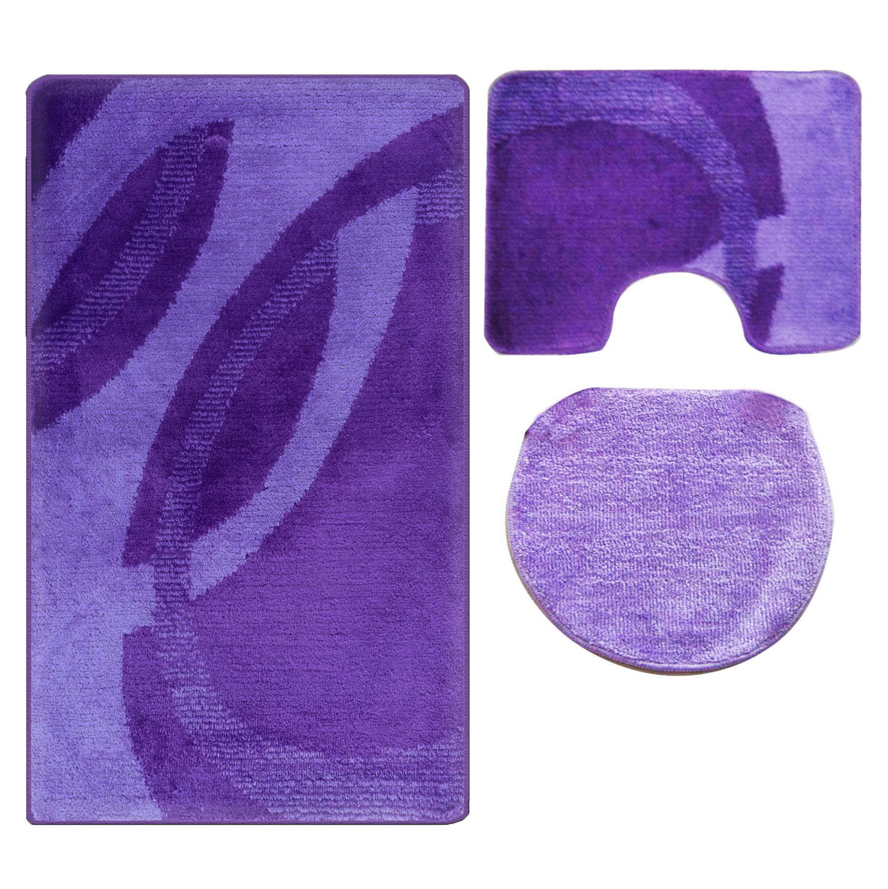 ROLFNERS Badematte 3 tlg Badematte Badezimmerteppich Badteppich Set Lila, Weicher Flor, Rutschfest, Schnell Trocknend, Fußbodenheizungsgeeignet, Polypropylen, Florhöhe ca. 15 mm, Waschbar bis max. 30°C