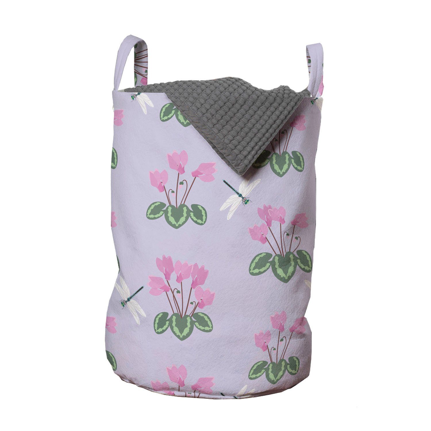 Abakuhaus Wäschesäckchen Wäschekorb mit Griffen Kordelzugverschluss für Waschsalons, Blumen Cyclamens und Libellen