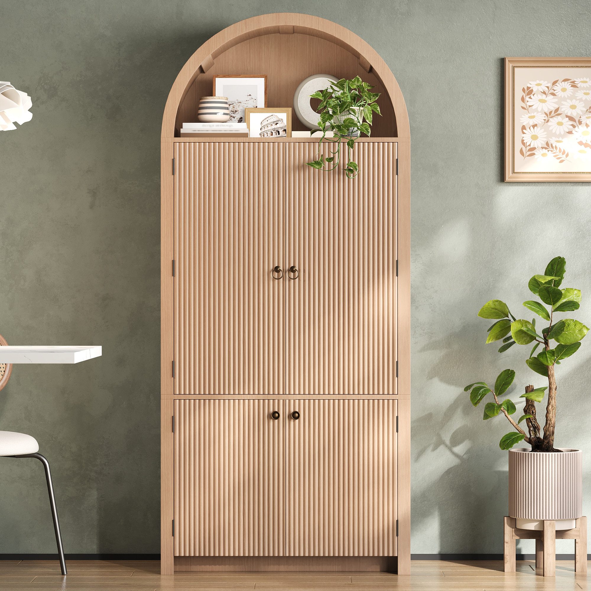 Flieks Hochschrank Bogenschrank mit verstellbarer Einlegeböden und Türregalen (180×80×40 cm, 1-St) Mehrzweckschrank Küchenschrank Highboard Holzoptik Natur