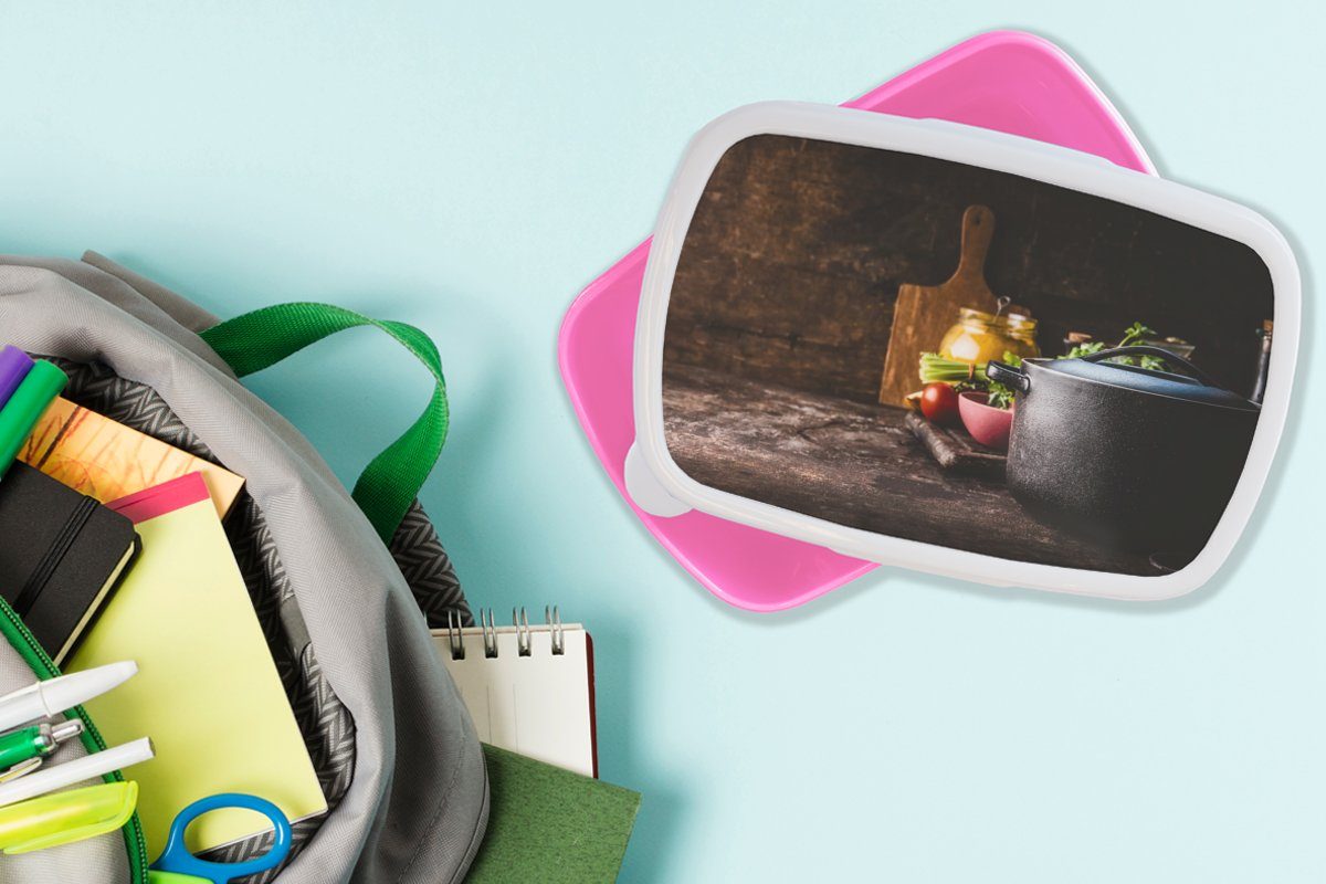 MuchoWow Lunchbox Rustikal Snackbox, Brotdose Kunststoff, Erwachsene, (2-tlg), - Kinder, Gemüse, Pfanne Stilleben Kunststoff - - rosa Mädchen, Brotbox für