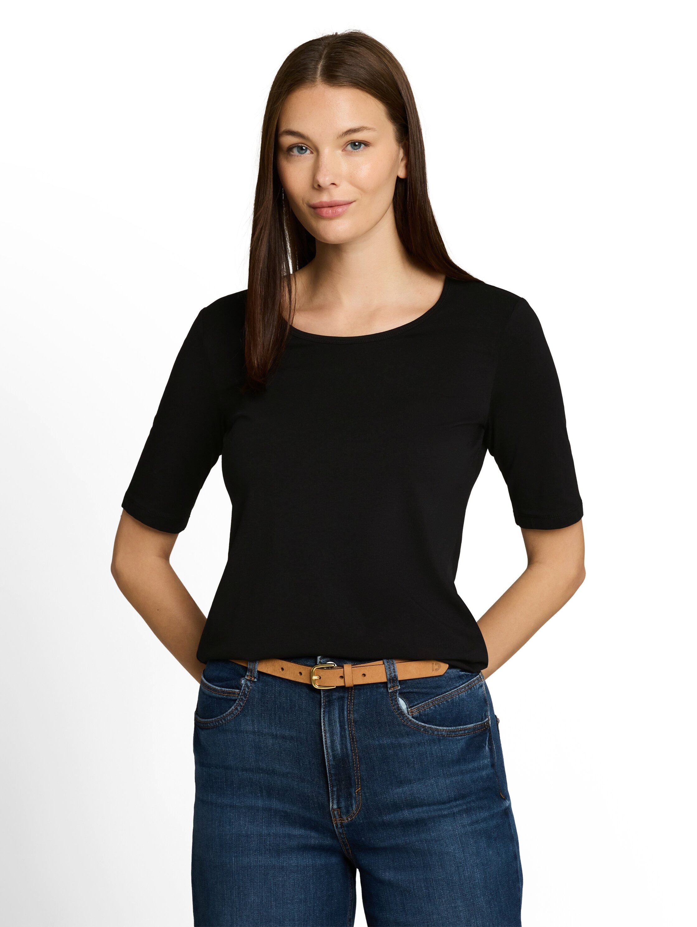 TOM TAILOR T-Shirt Sommershirt mit tiefem Rundhalsausschnitt, unifarben
