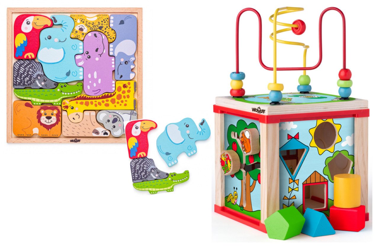 Woodyland Lernspielzeug Spielset - Motorikwürfel mit Labyrinth + Blockpuzzle / Stapelspiel (Förderspielzeug), 2er Motorik-Spielset