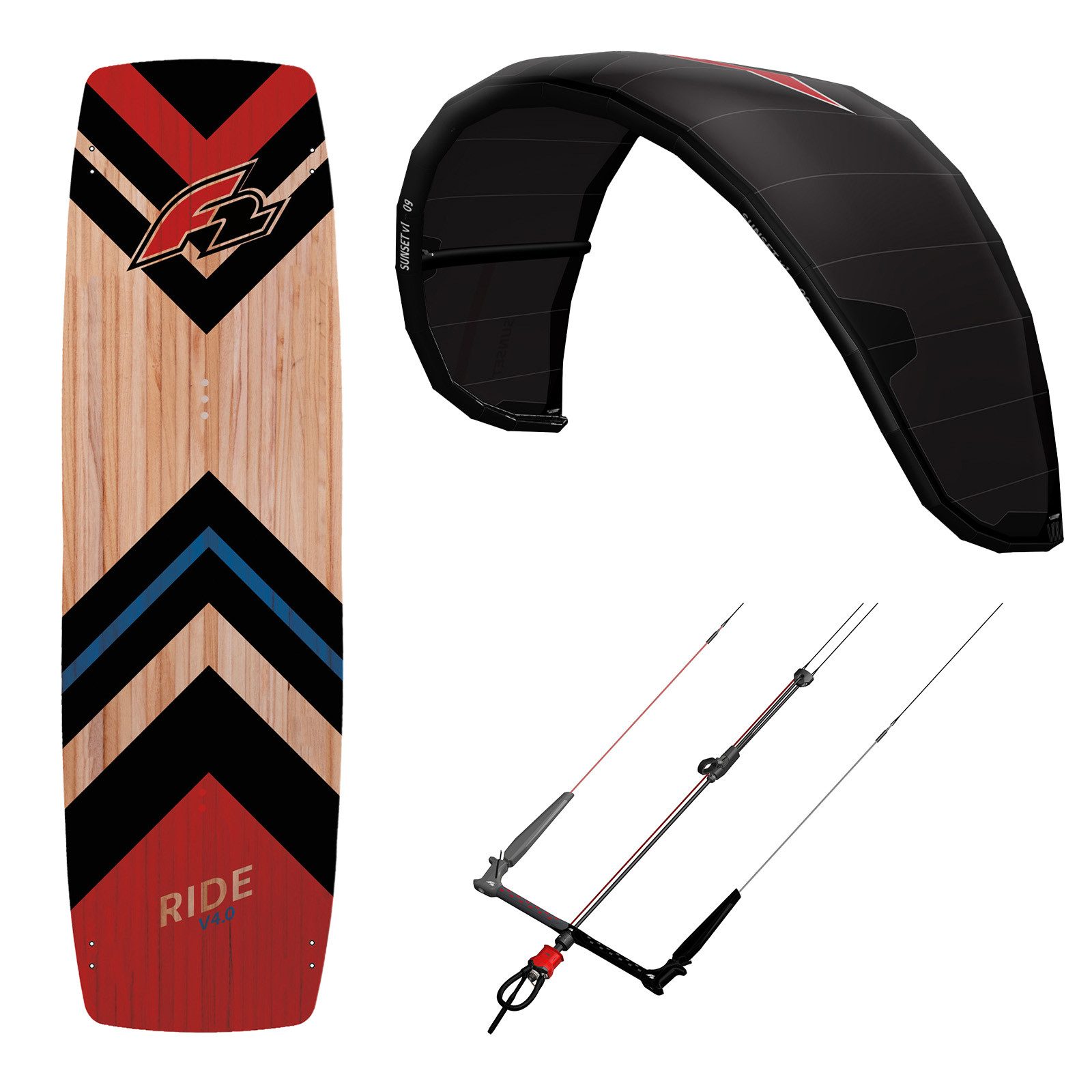 F2 Kite F2 Set Kite Sunset 7qm, Kiteboard Ride Lightwind Wood 148cm, Bar 46cm