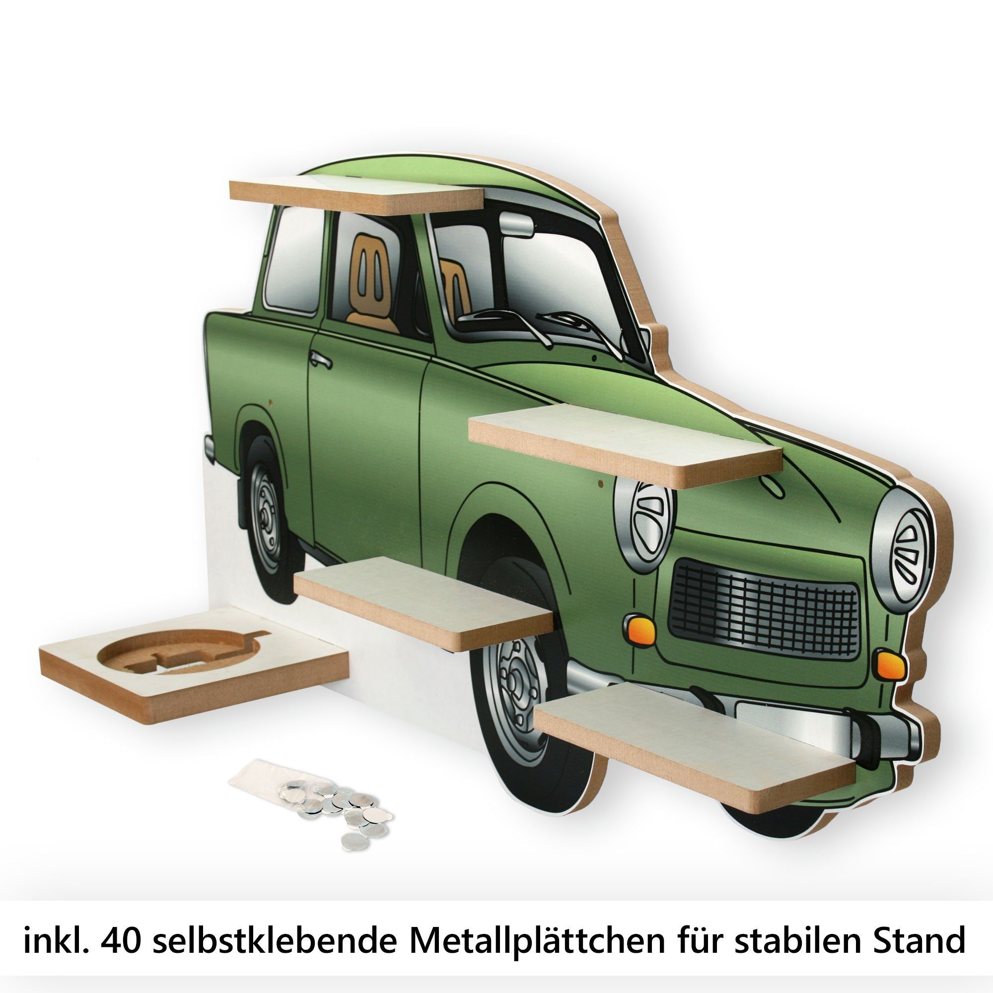 Kinderregal MUSIKBOX-REGAL Feder TONIE-BOX Trabbi, Kreative Metallplättchen inkl. TONIES 40 und für