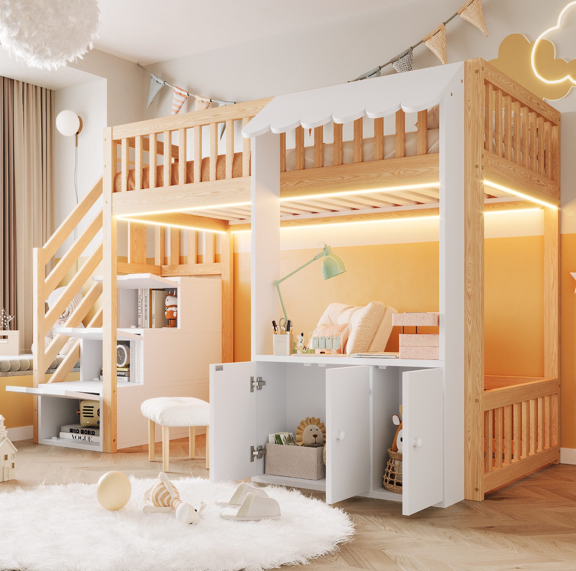 REDOM Hochbett mit Stauraumtreppe und Stauraumschrank (mit LED-Lichtleiste in mehreren Farben, Lattenrost, Traufendesign, Kinderbett Einzelbett, 90x200 cm) Inklusive Matratze