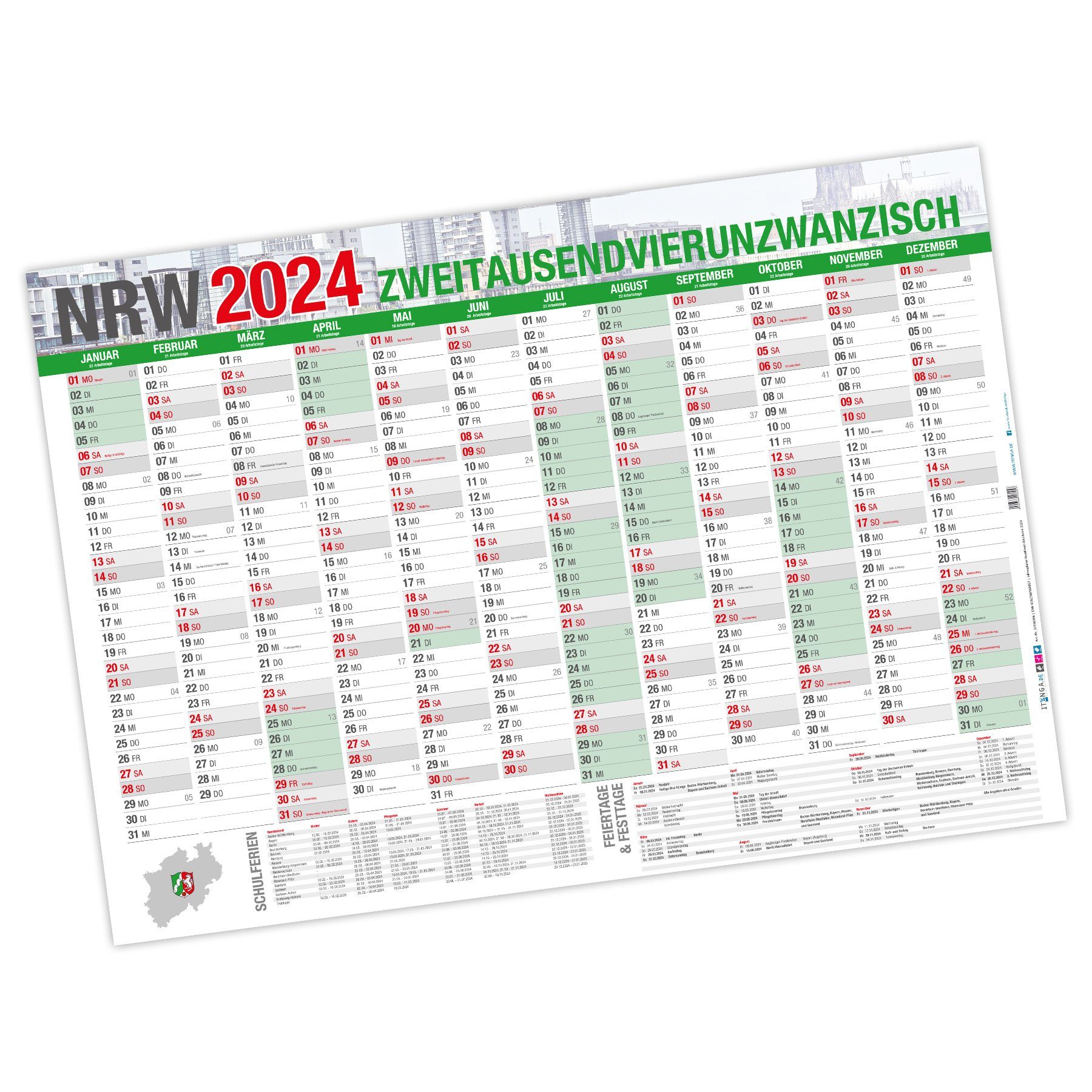 itenga Jahresplaner NRW g/qm (118,9 2024 250 Zeckenpinzette DIN x 84,1 cm), Wandkalender A0