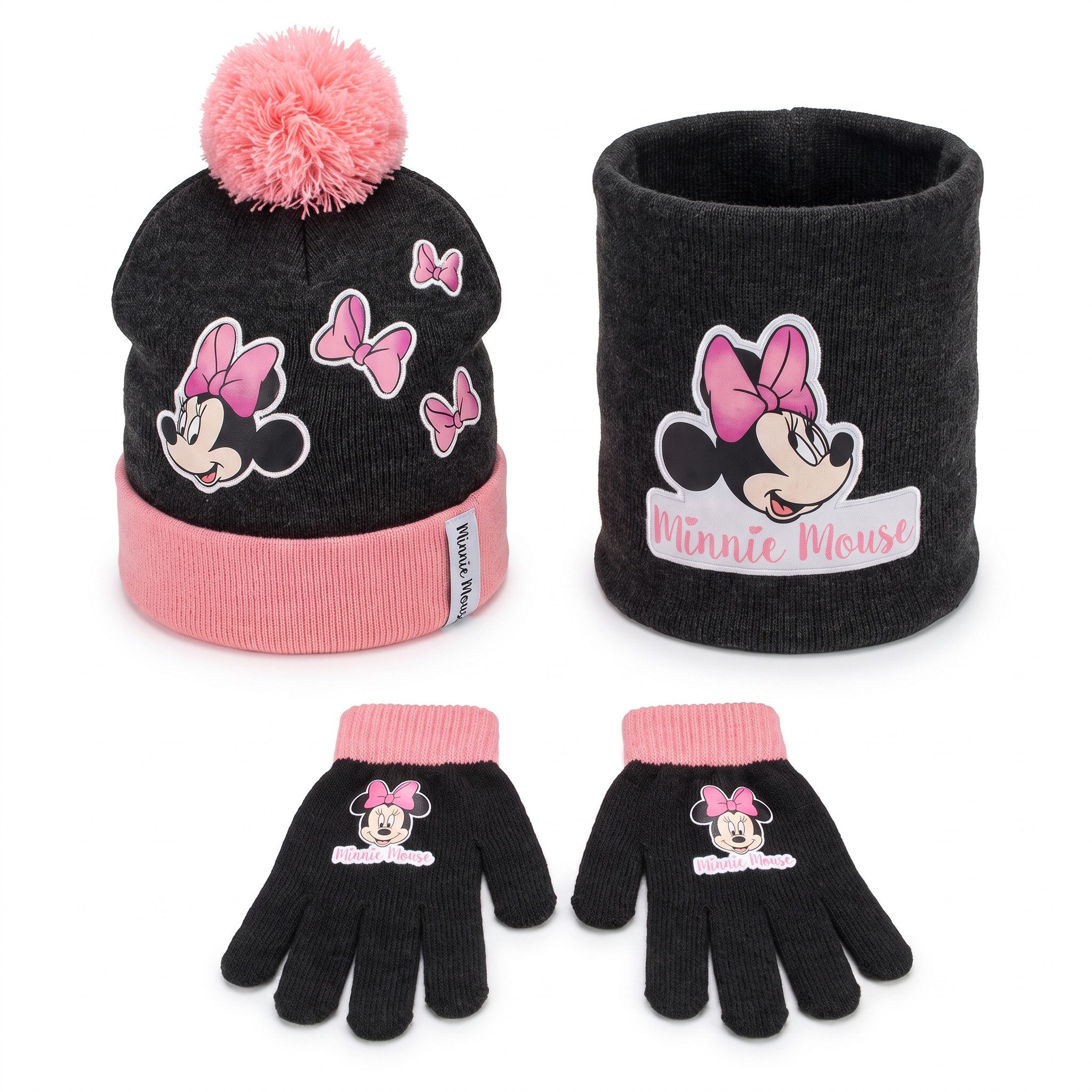 Disney Bommelmütze Disney Minnie Maus Set Kinder Wintermütze Snood plus Handschuhe (Spar-Set)