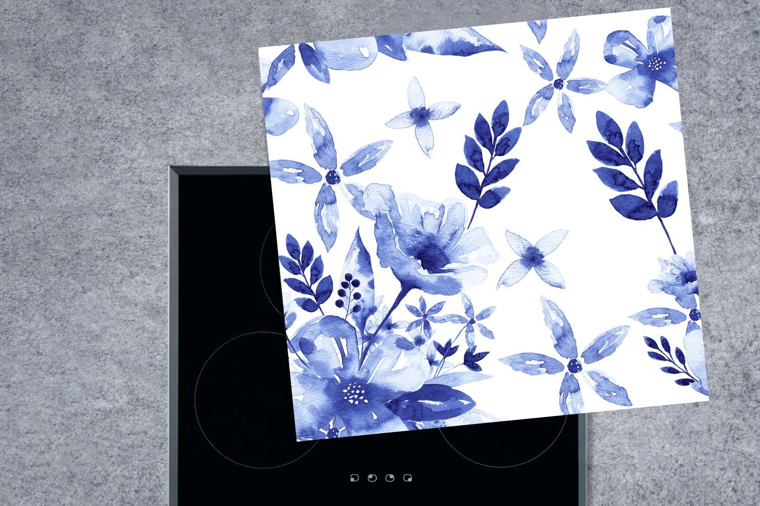 MuchoWow Herdblende-/Abdeckplatte Aquarell (1 Ceranfeldabdeckung, für 78x78 Arbeitsplatte tlg), Blumen - küche - Blau, Vinyl, cm