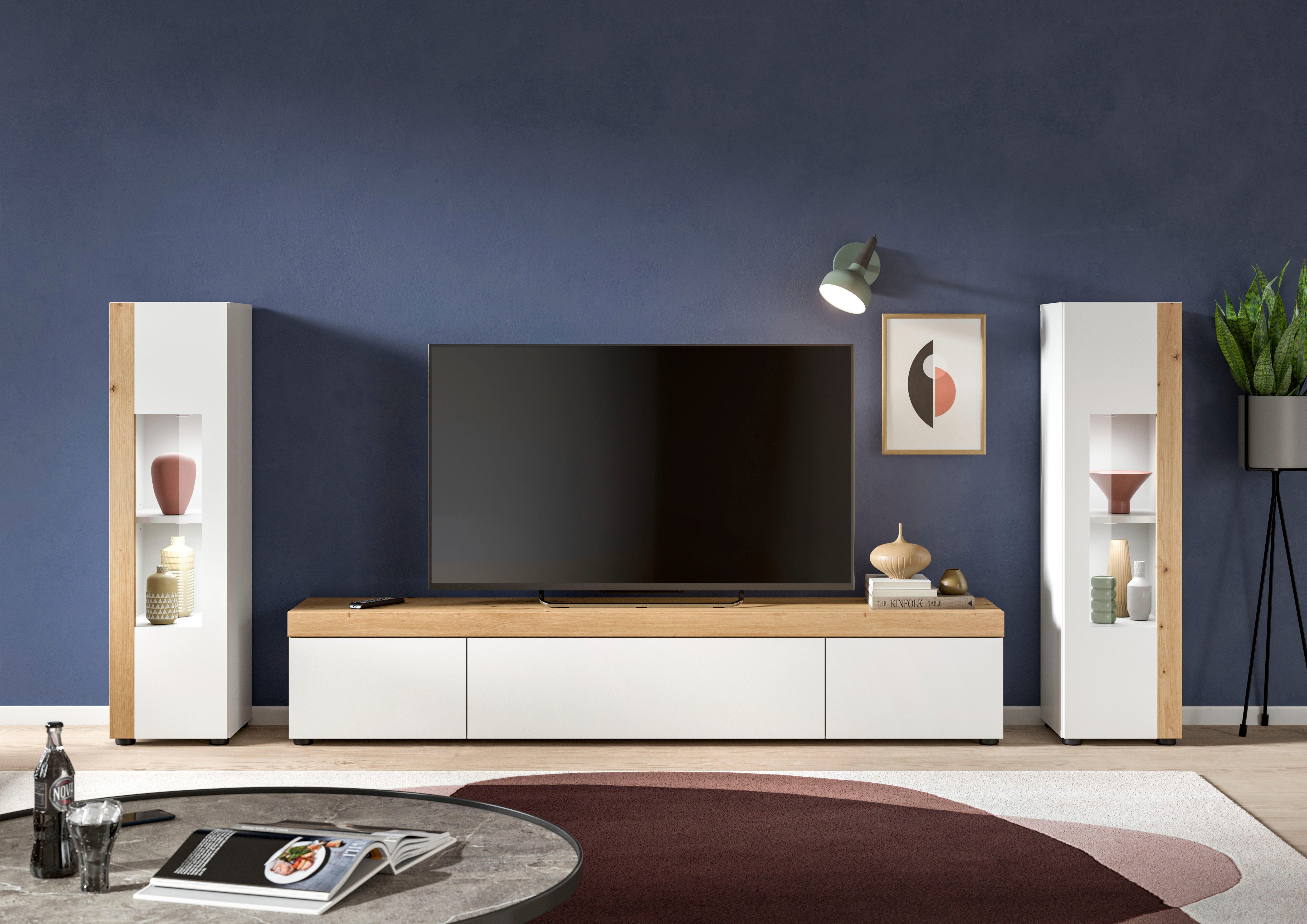Home affaire Wohnwand Svala, Breite 180 cm, Wohnkombination, (Set, 3-St), stehend u. hängend montierbar, Vitrinenschränke, Lowboard
