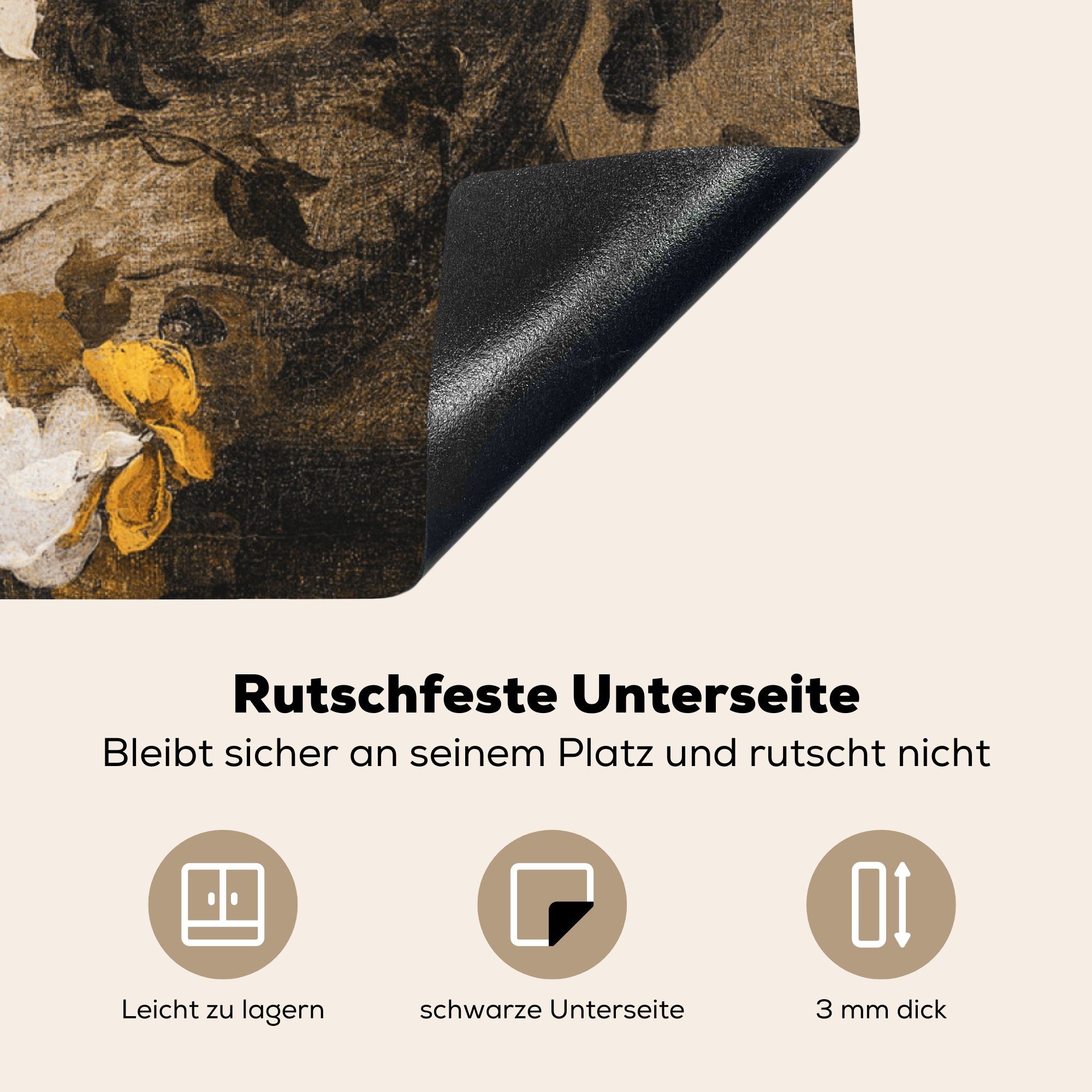 Meister Alte (1 cm, küche für Arbeitsplatte - tlg), MuchoWow Vinyl, 78x78 - Ceranfeldabdeckung, Gelb, Herdblende-/Abdeckplatte Blumen