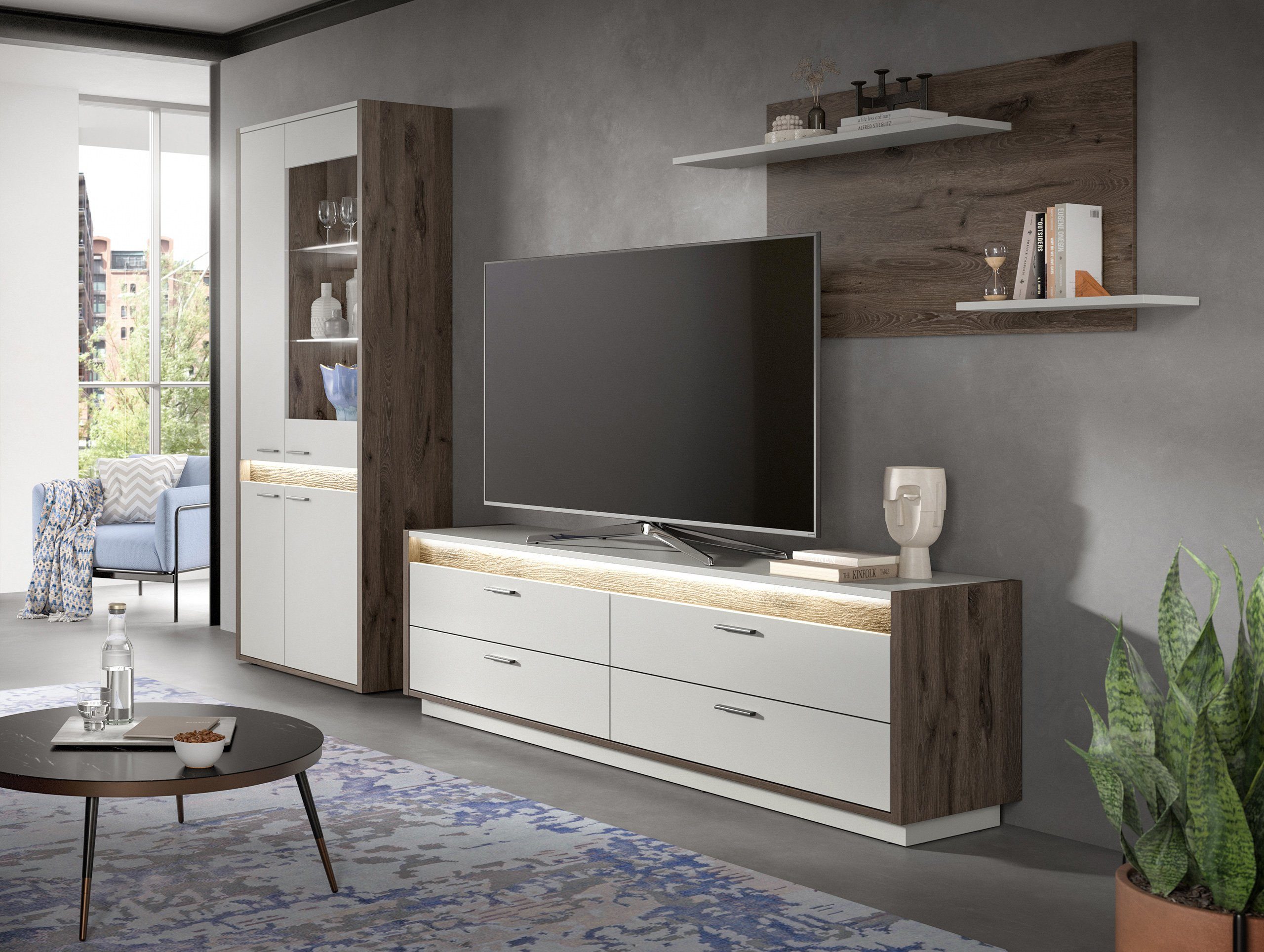 Newroom Wandboard Eiche Dunkel 135 cm, Wandboard Hellgrau Eiche Dunkel Wandregal Hängeregal Landhaus Mode...