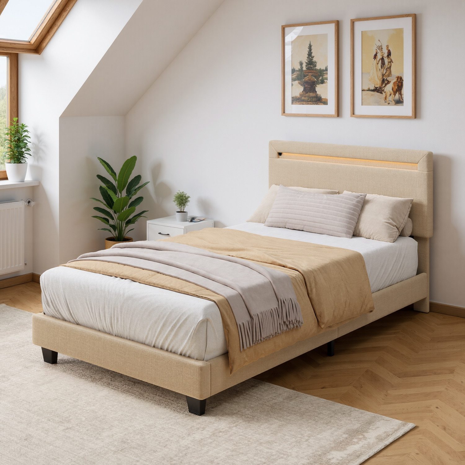 Bealife Polsterbett lsterbett Einzelbett,Bettgestell mit Kopfteil, Lichtleiste (2 Modelle (90x200, 120x200)