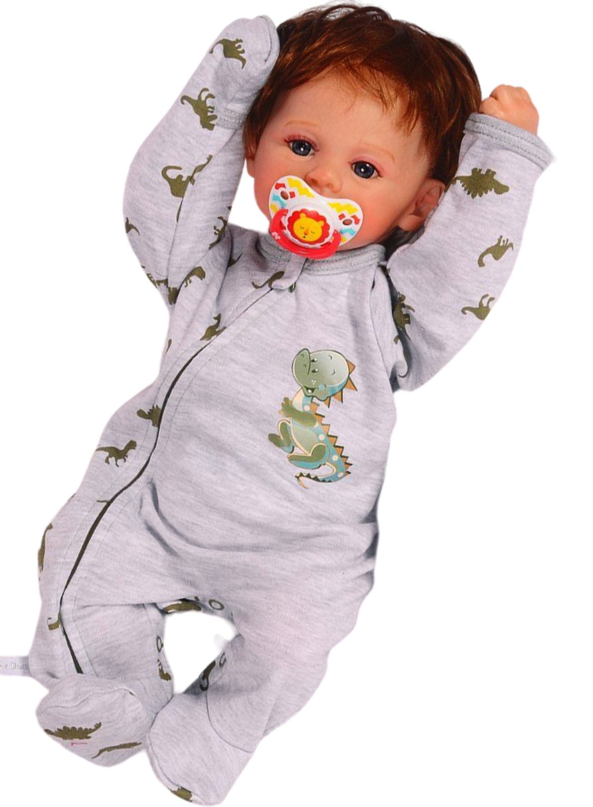 Strampler Baby Einteiler mit Kratzschutz in Grau mit Dino für Neugeborene