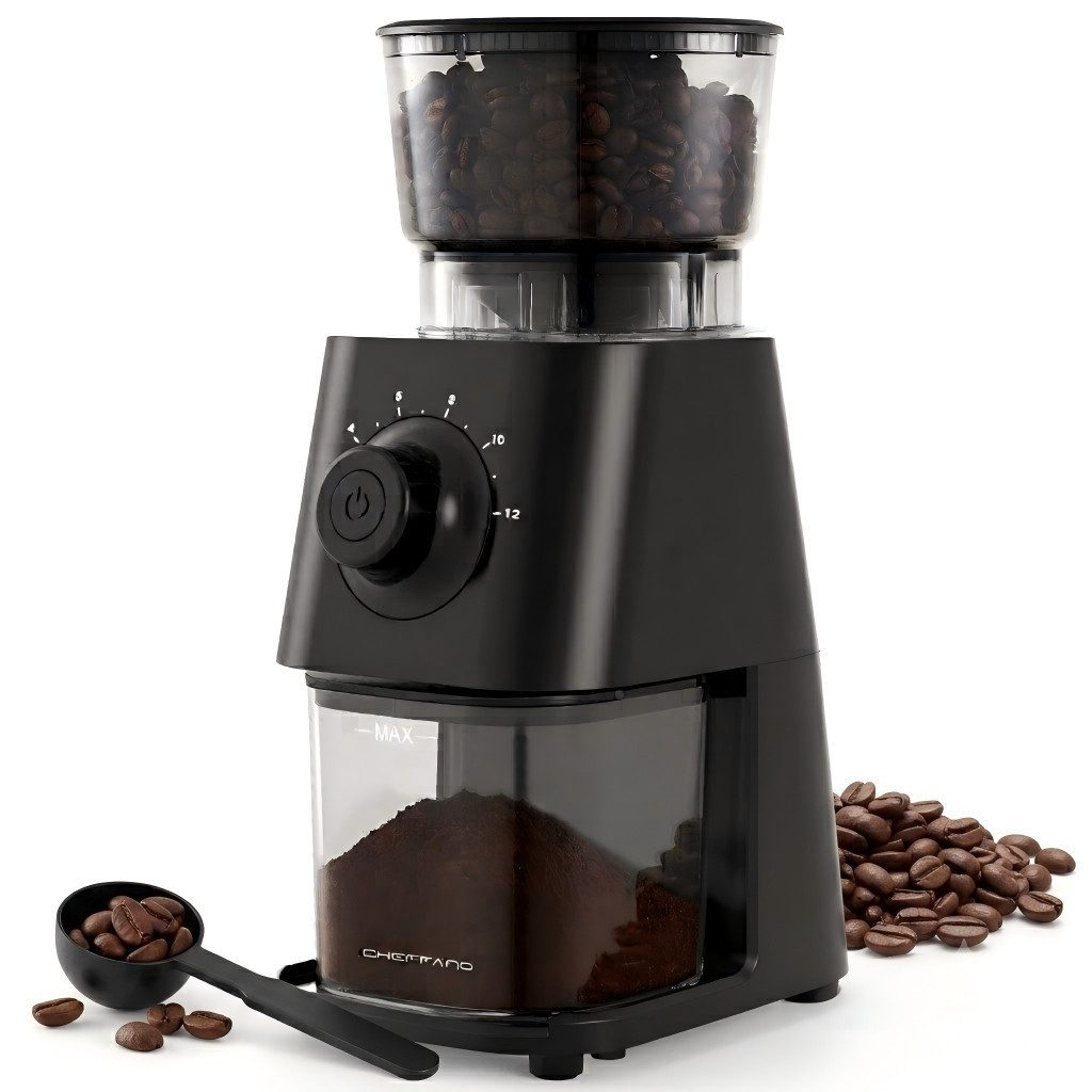 CHEFFANO Kaffeemühle Elektrische Kaffeemühle mit Kegelmahlwerk, 30 Mahlgrade, 150 W, Kegelmahlwerk, Langlebiger konischer Fräser