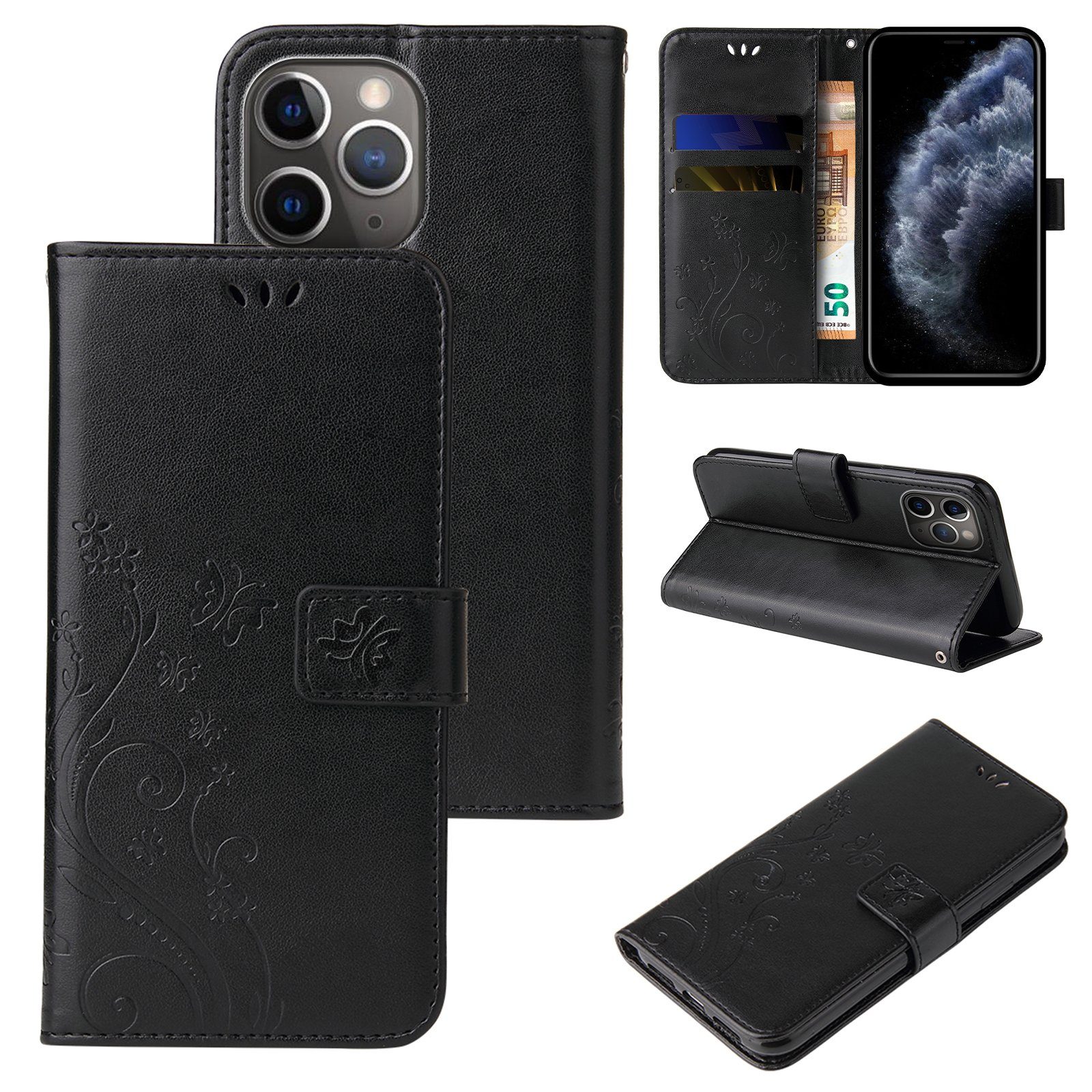 Tec-Expert Handyhülle Cover Tasche Hülle für Apple iPhone 11 Pro Max 6,5 Zoll, Klapphülle Case mit Kartenfach Fliphülle aufstellbar, Motiv Blumen