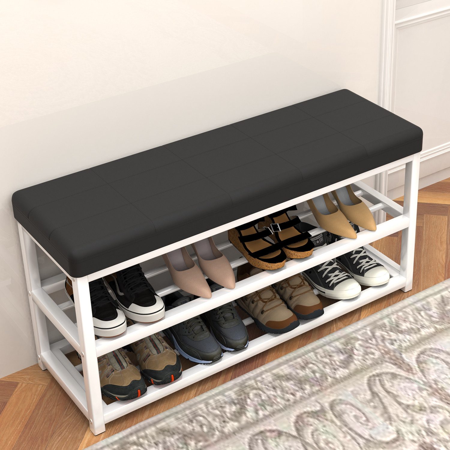 oyajia Wasserabzieher Schuhbank 90x30x45 cm mit gepolsterter Sitzfläche, (Stabiler Metallrahmen, Sitzbank bis 180 kg belastbar, 1-St., 2 Gitterablagen für Schuhe im Flur oder Eingangsbereich), Offenes Schuhregal für Diele, Garderobe und Schlafzimmer