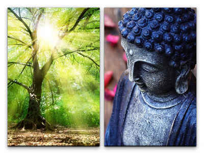 Sinus Art Leinwandbild 2 Bilder je 60x90cm Baum Wiedergeburt Buddha Kraft Meditation warmes Licht positive Energie
